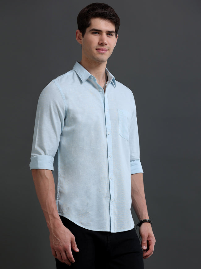 Men Blue Slub Solid Shirt
