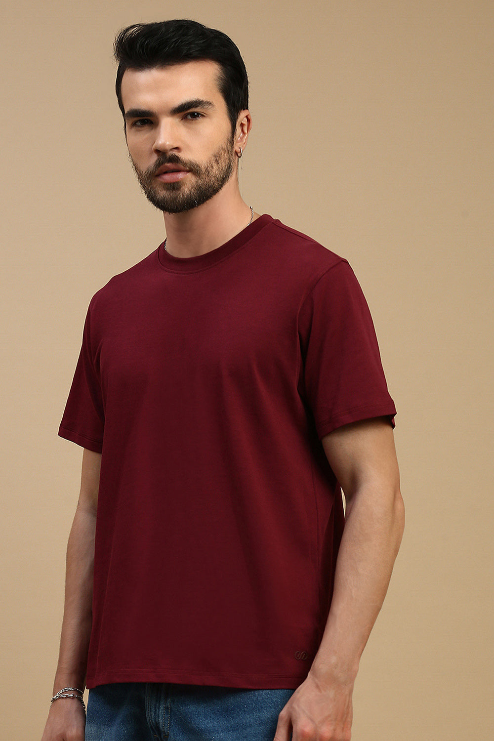 Men Burgundy Basic Crew Neck T-Shirt
