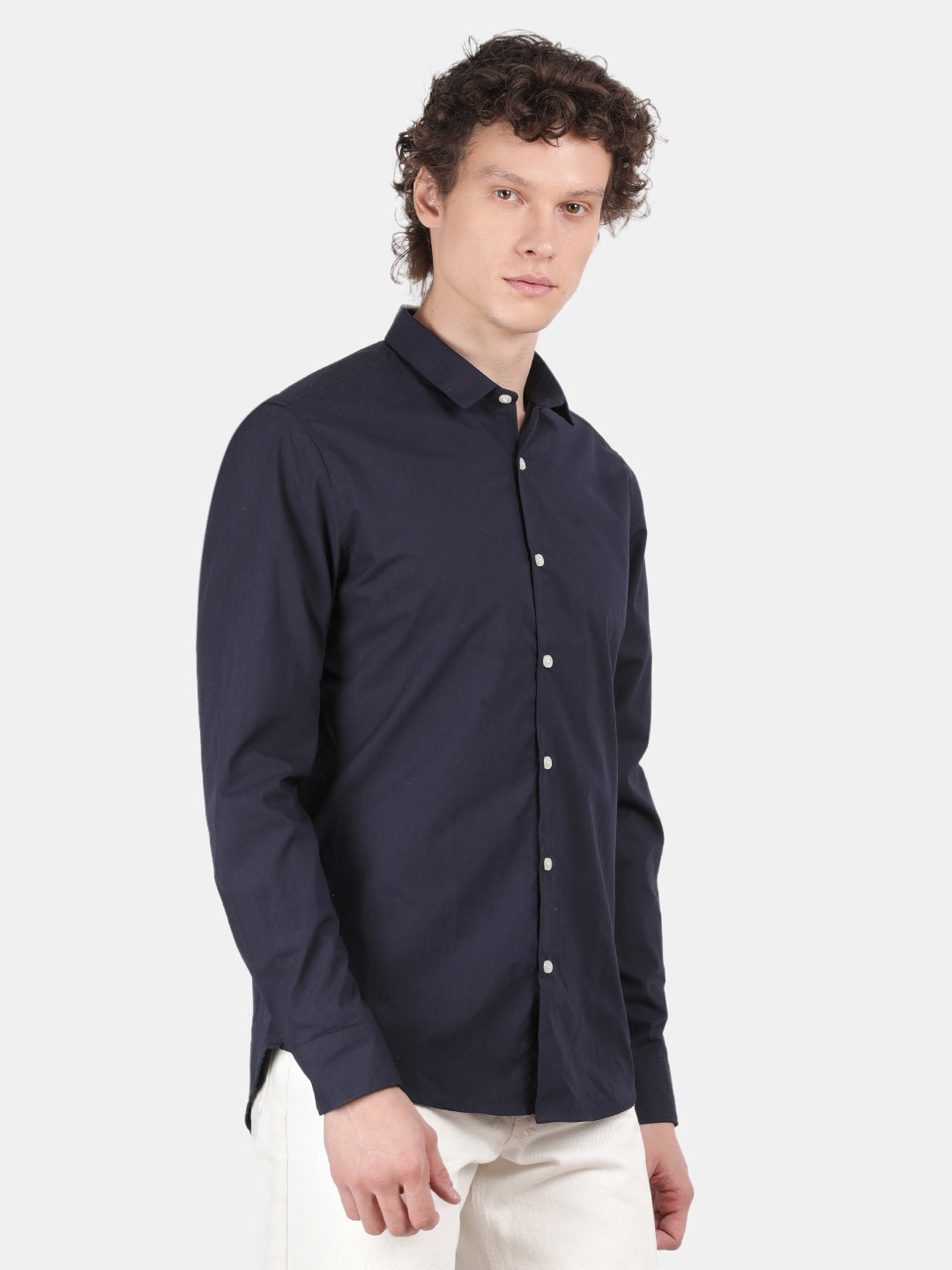 Men Navy Slim Fit Spread Collar Full Sleeve Casual Shirt
