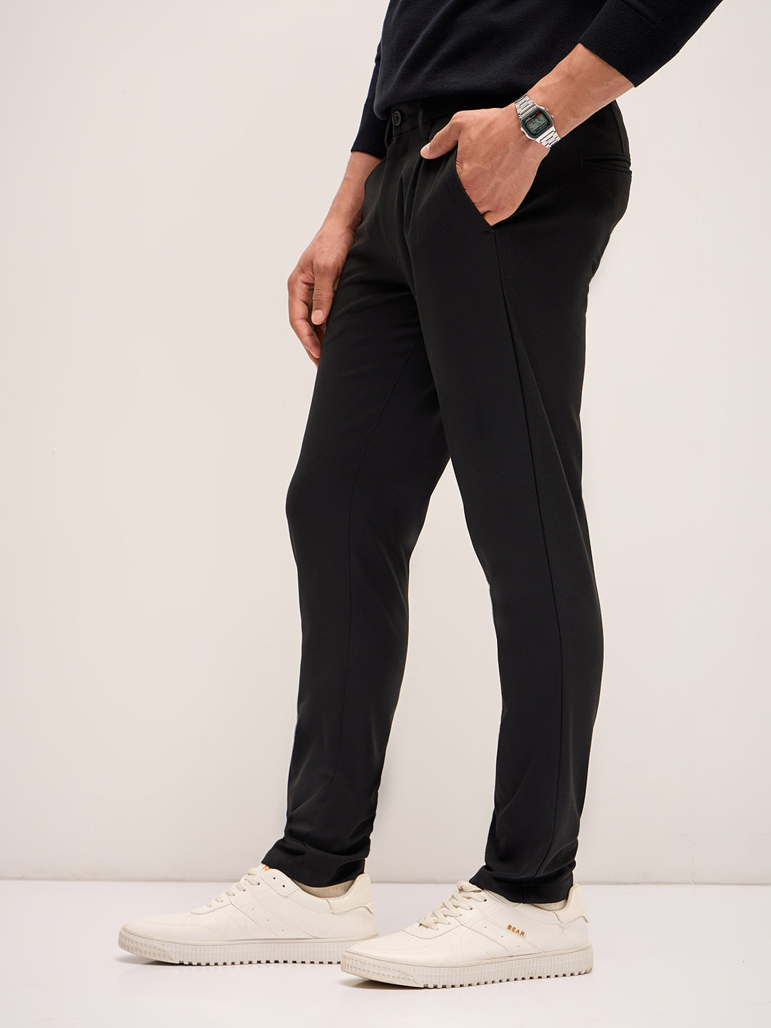 Men Black Solid 4 Way Stretch Formal Trouser