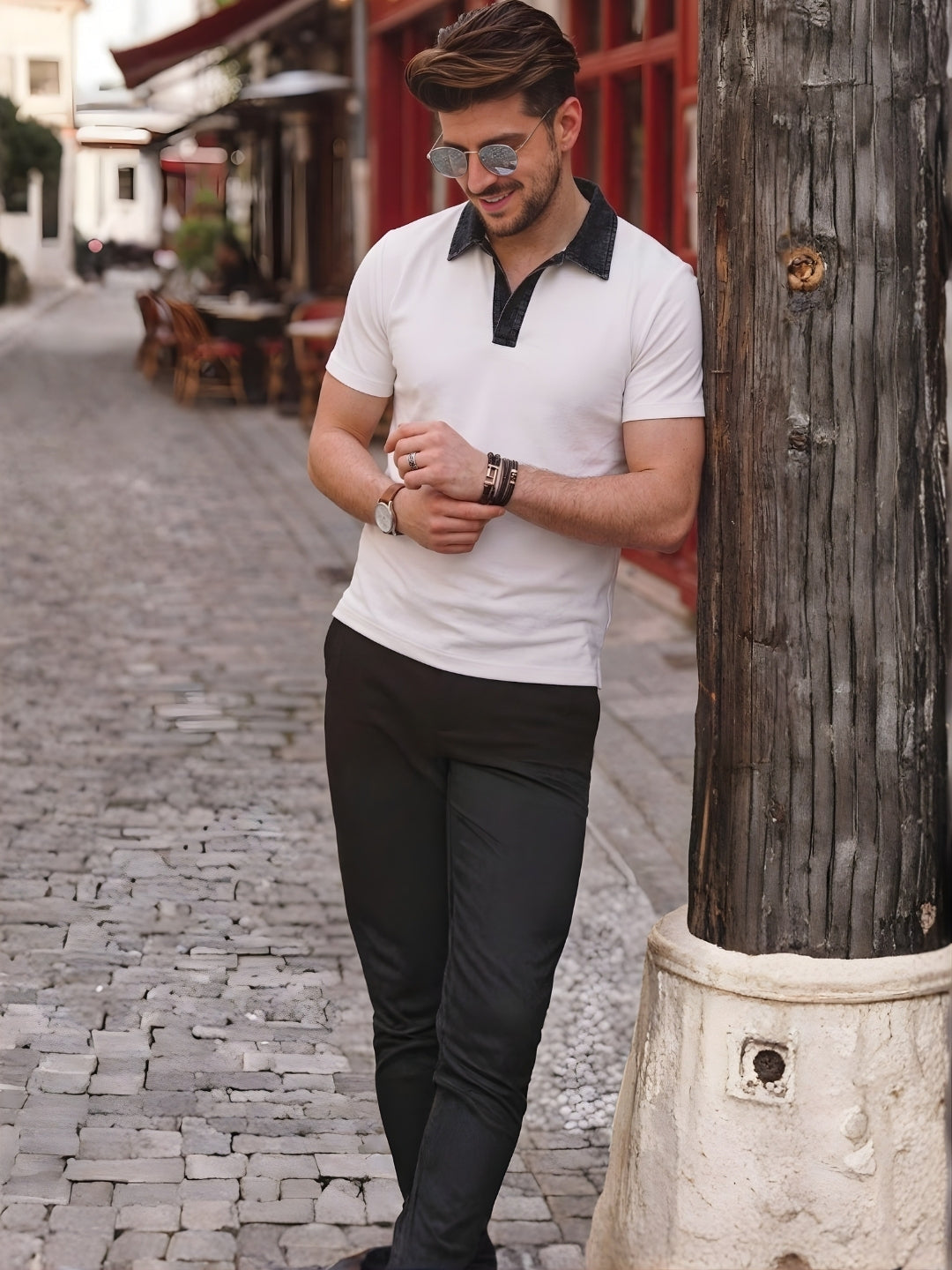 Men White Solid Polo T-Shirt