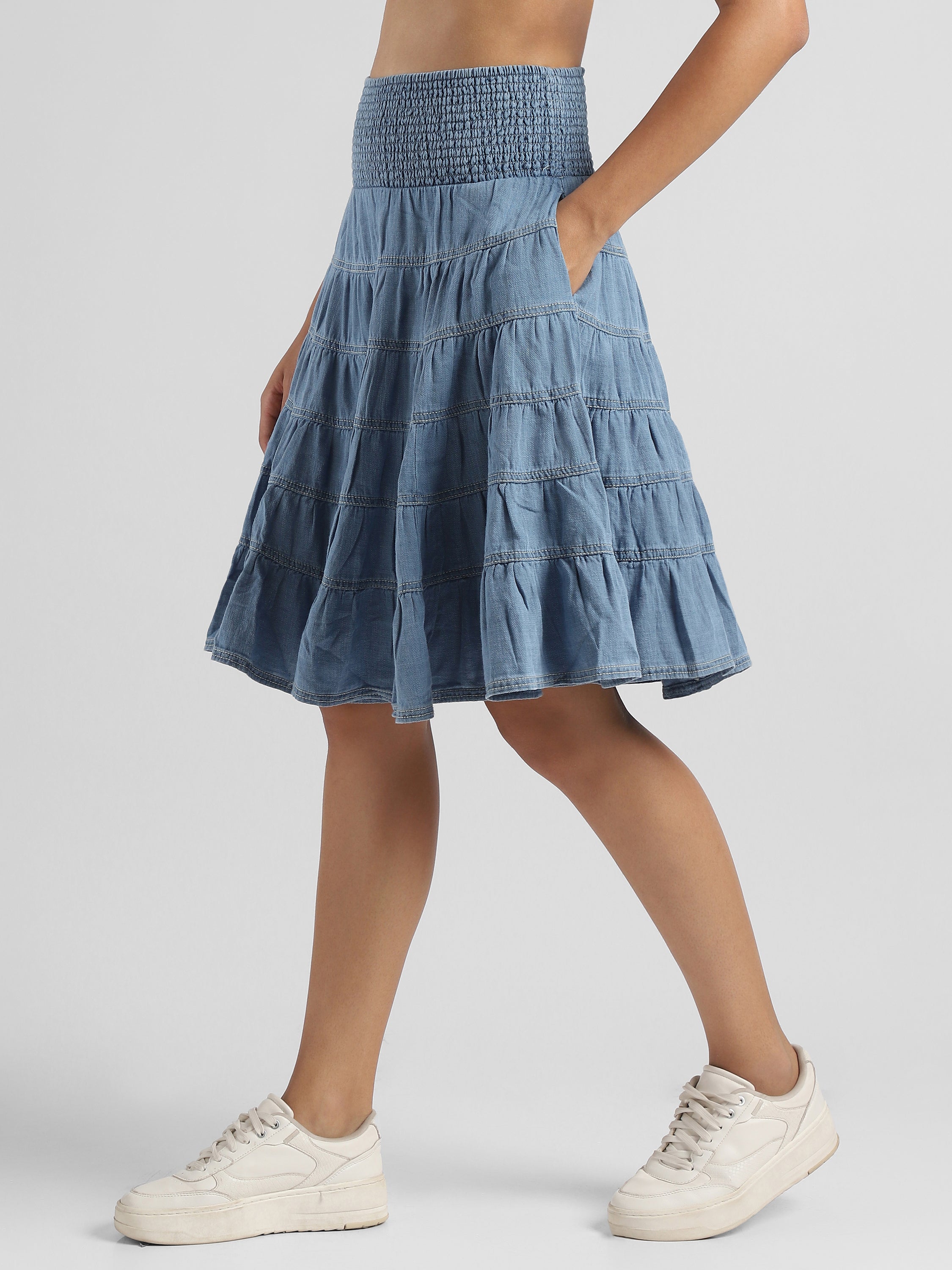 Women Blue Tier Denim Skirt with Smocked Waist