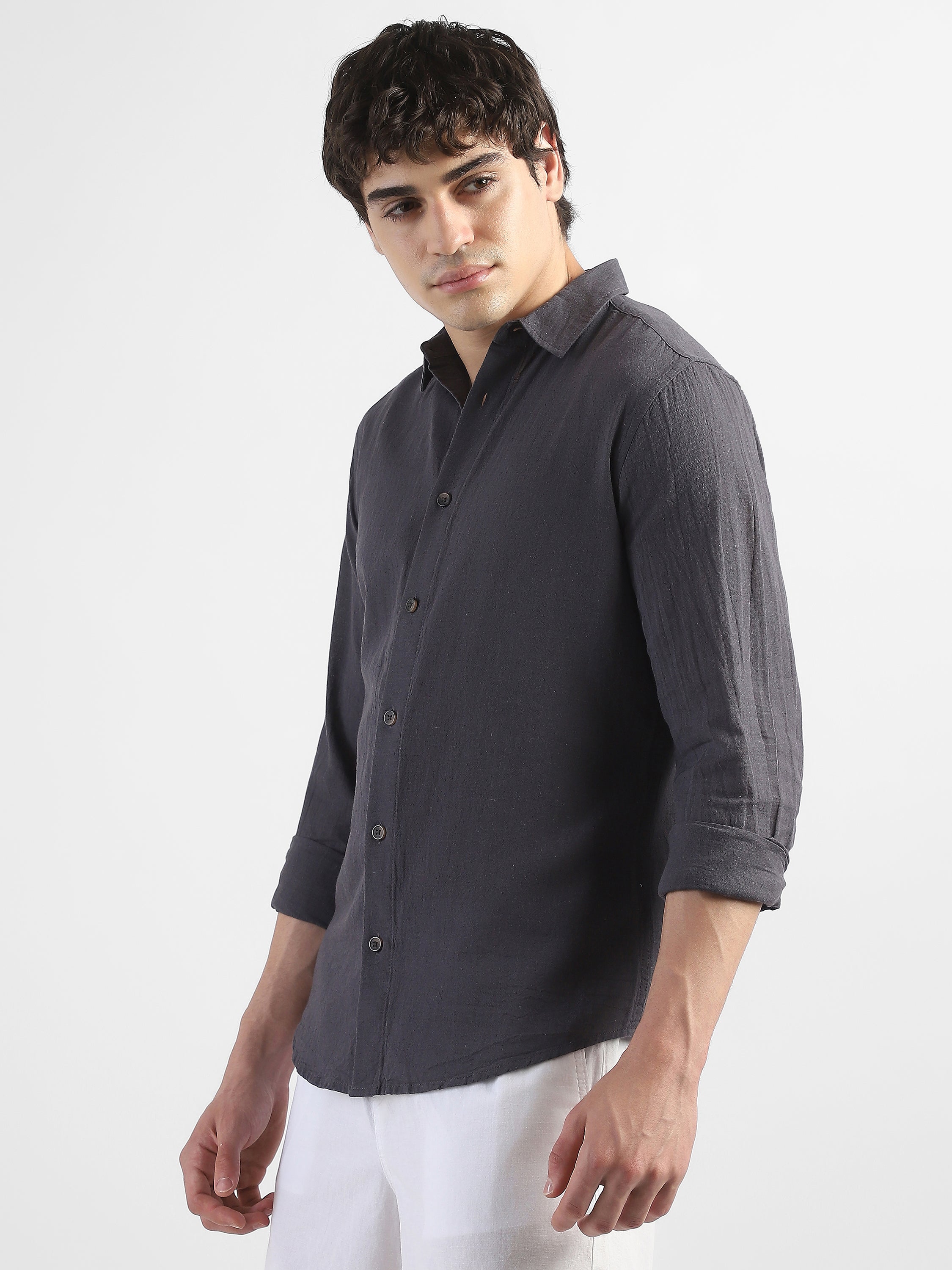 Men Linen Blend Dark Grey Shirt