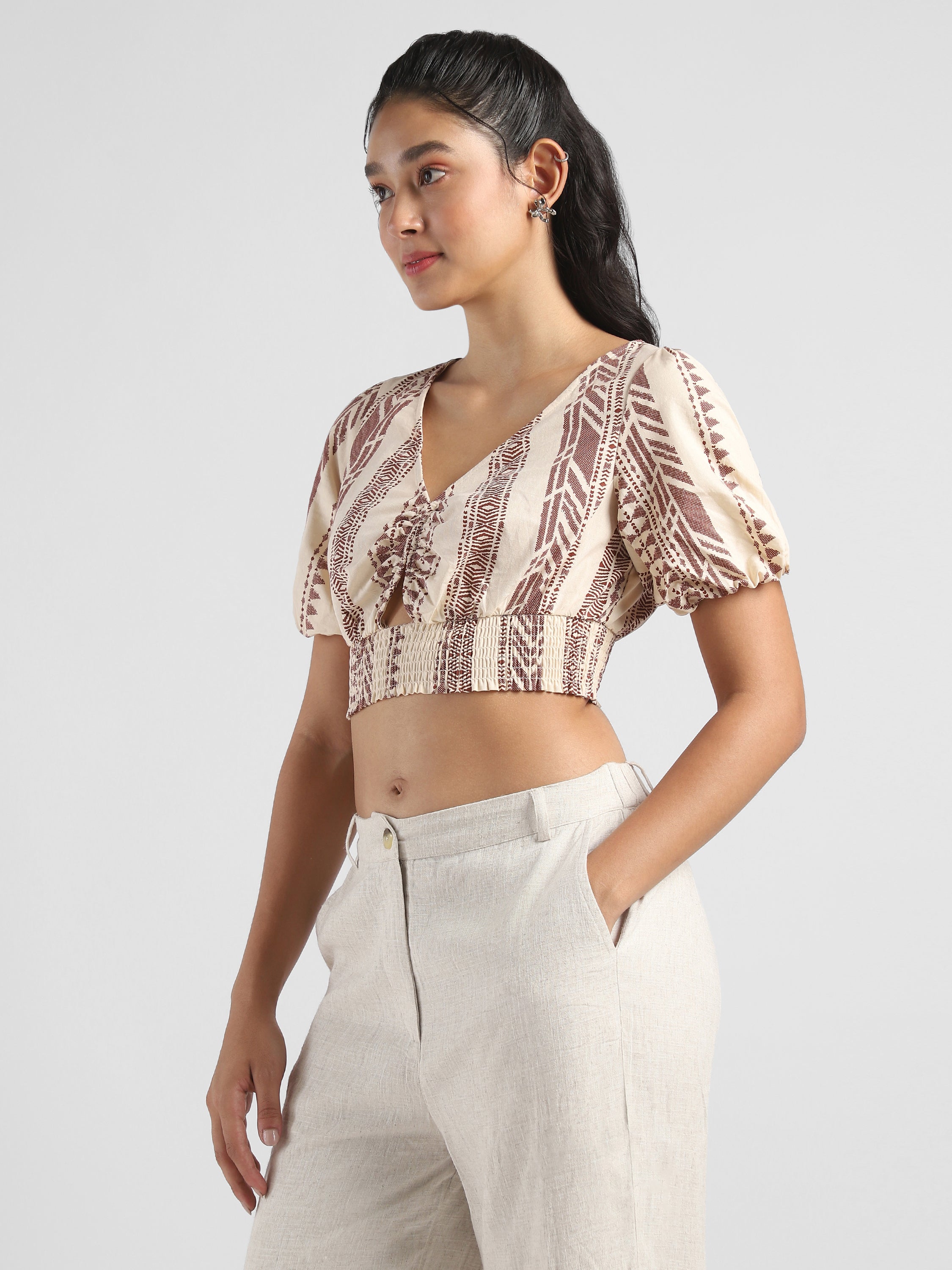 Women Beige Printed Crop Top