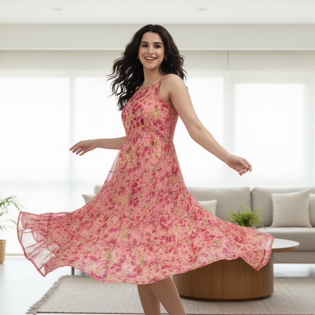Women Floral Chiffon Midi Dress