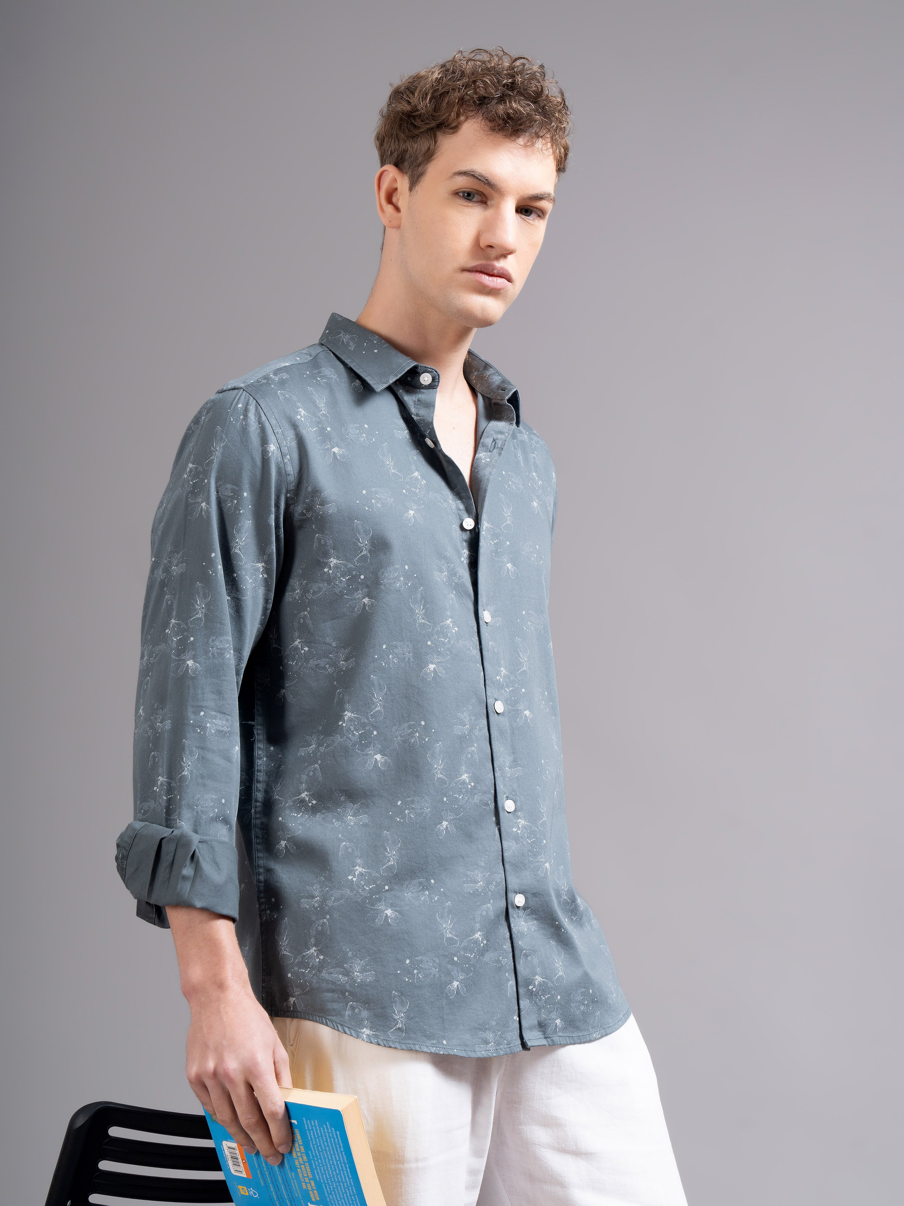 Men Grey Floral Print Shirt