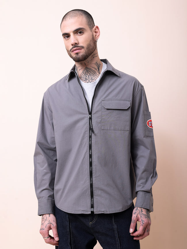 Men Grey Solid Shacket