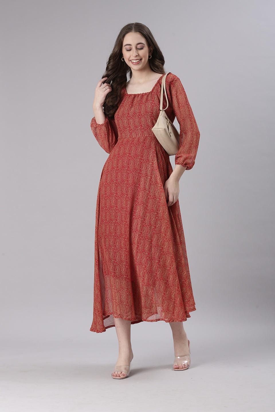 Women Red Printed Fit & Flare Dress