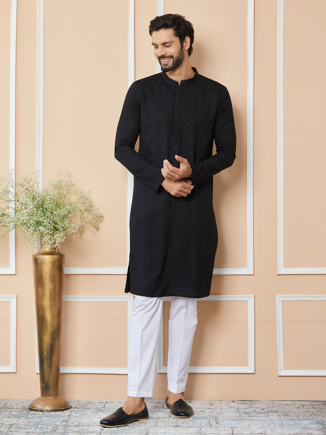 Men Black Embroidered Chikankari Rayon Straight Kurta