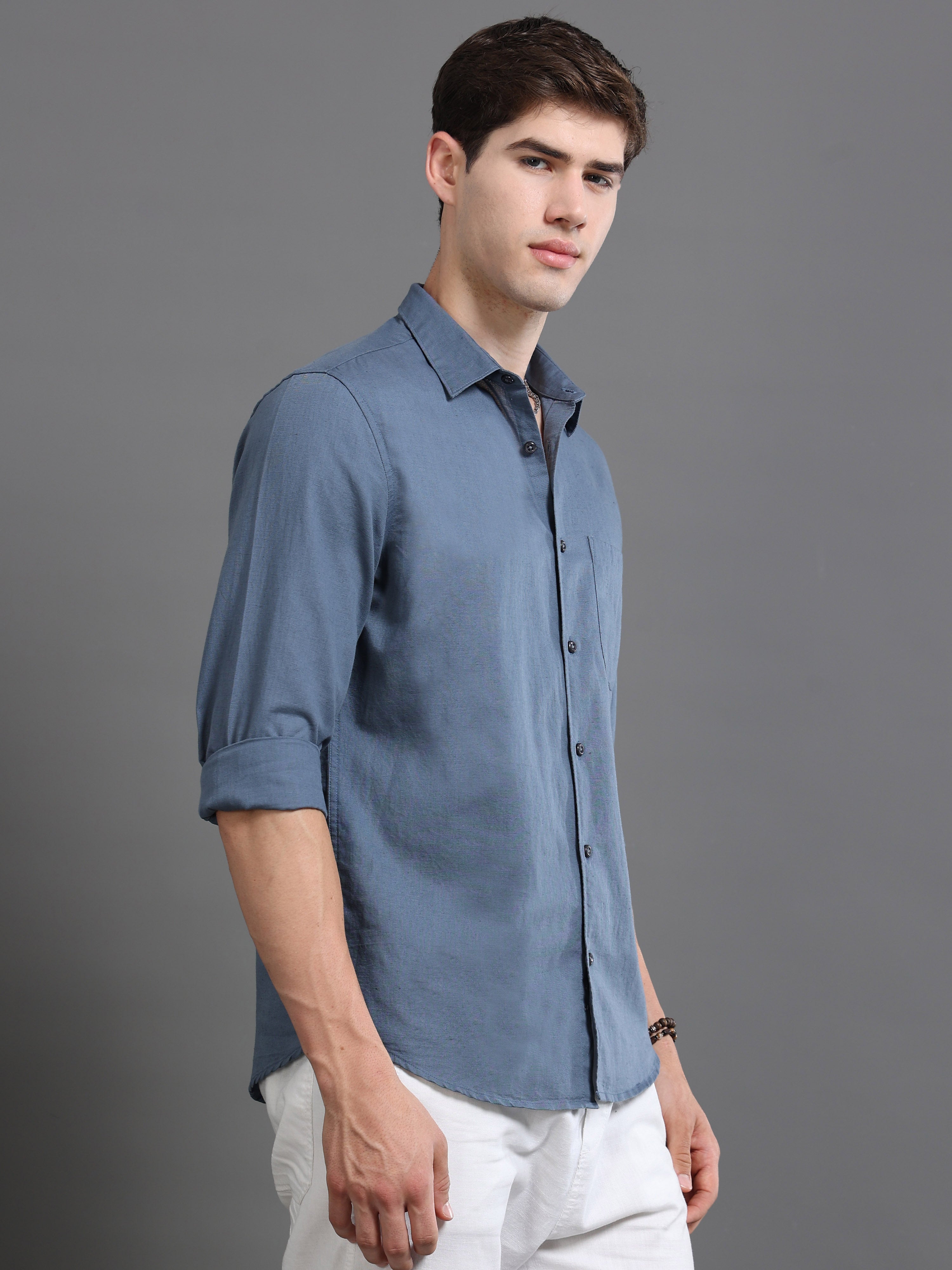 Men Blue Cotton Linen Slim Fit Shirt