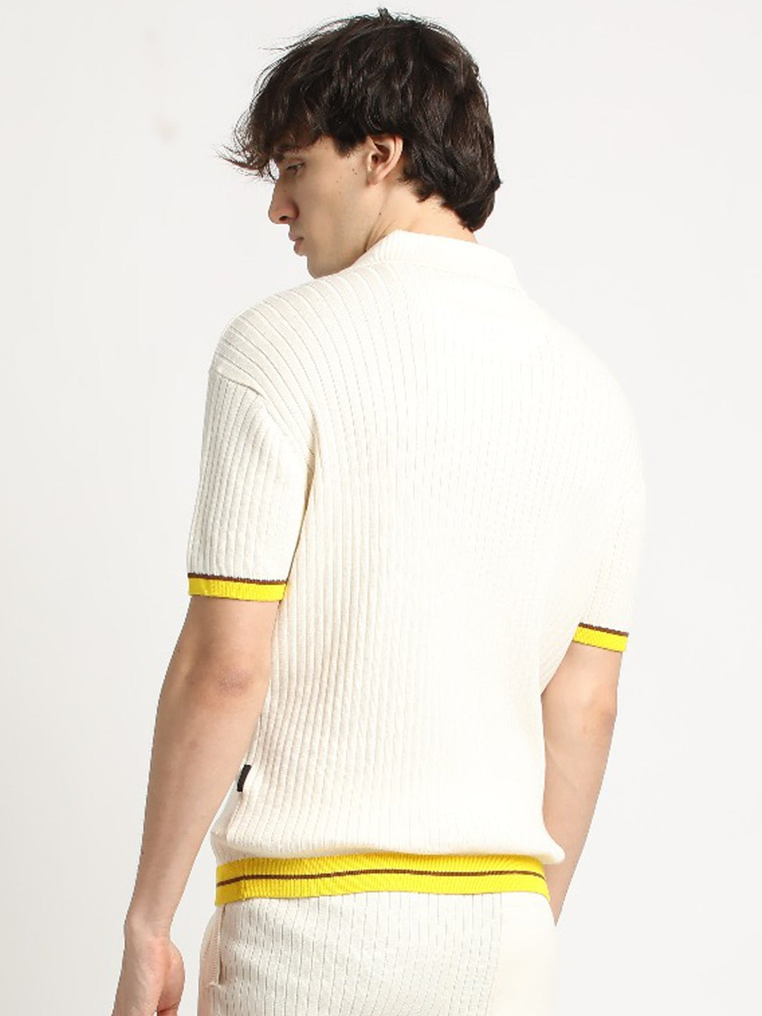 Men Cream Knitted Regular Fit Polo Collar T-shirt