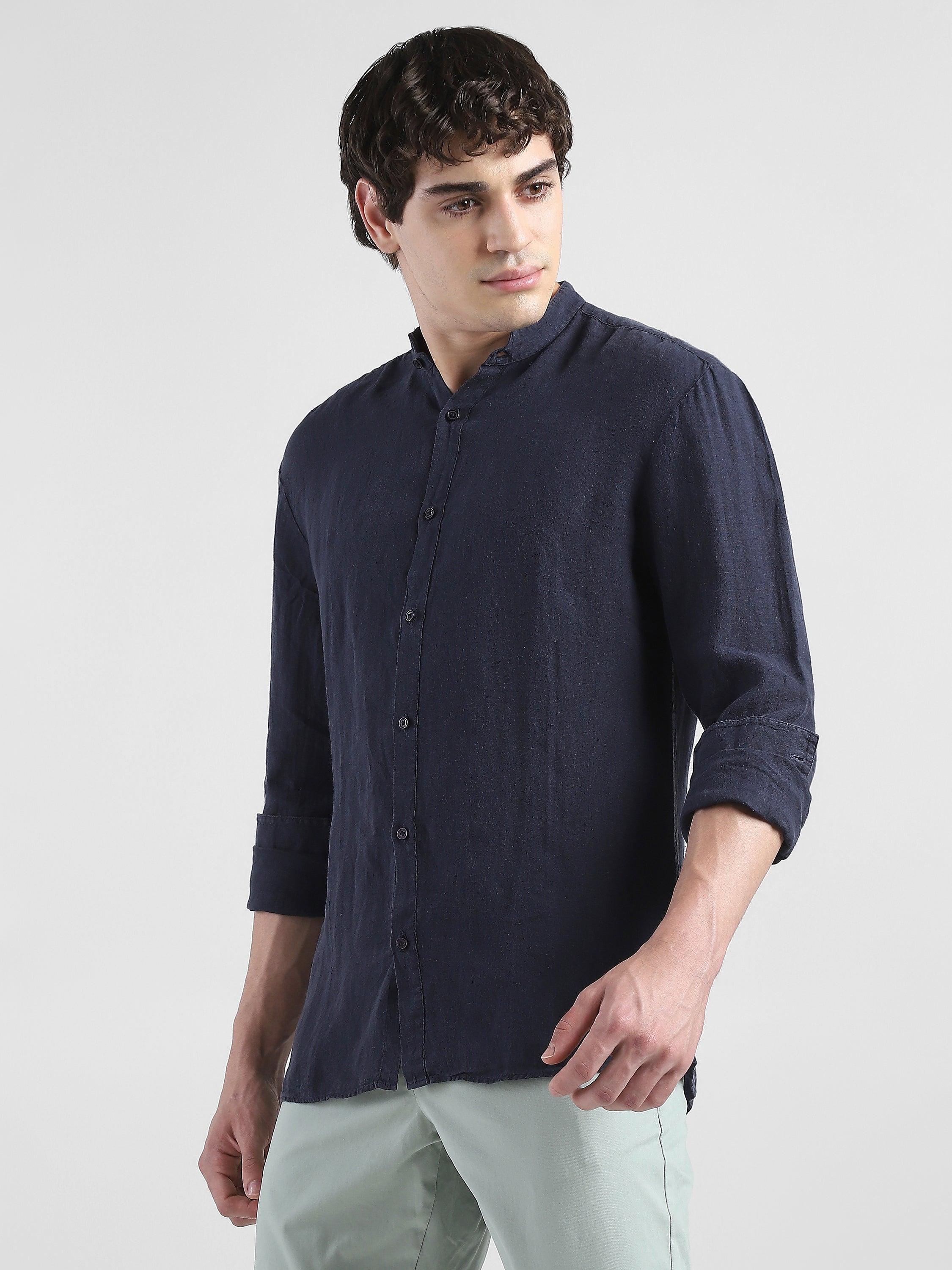Men 100% Linen Navy Regular Fit  Shirt