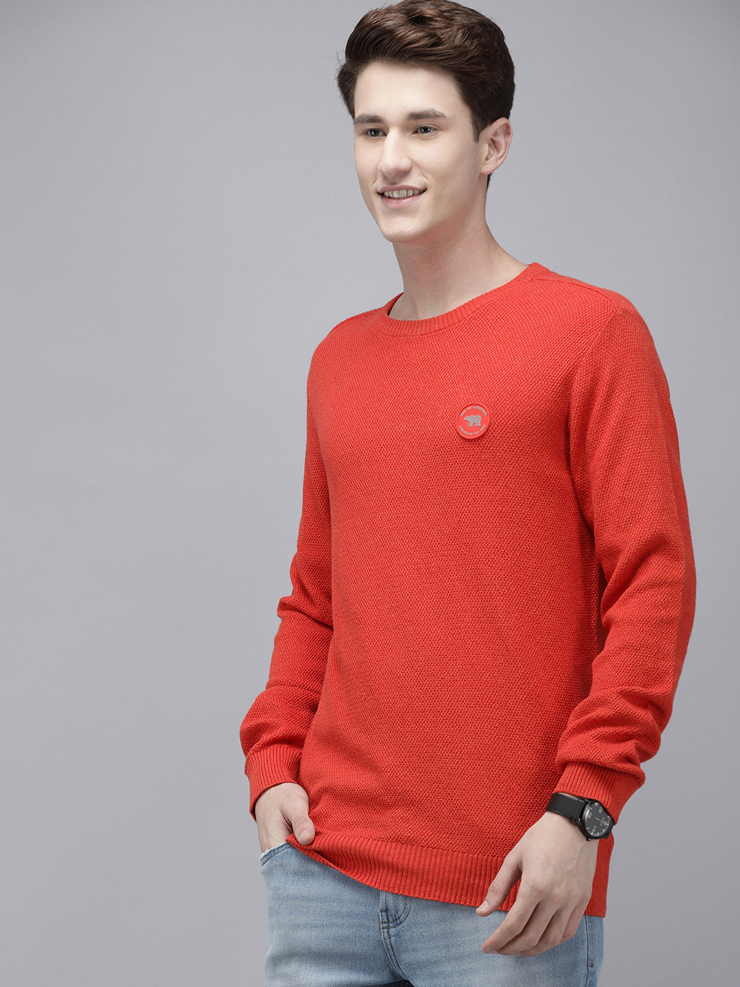 Men Ardor Edition Orange Self-Designed Slim Fit Knitted Pullover