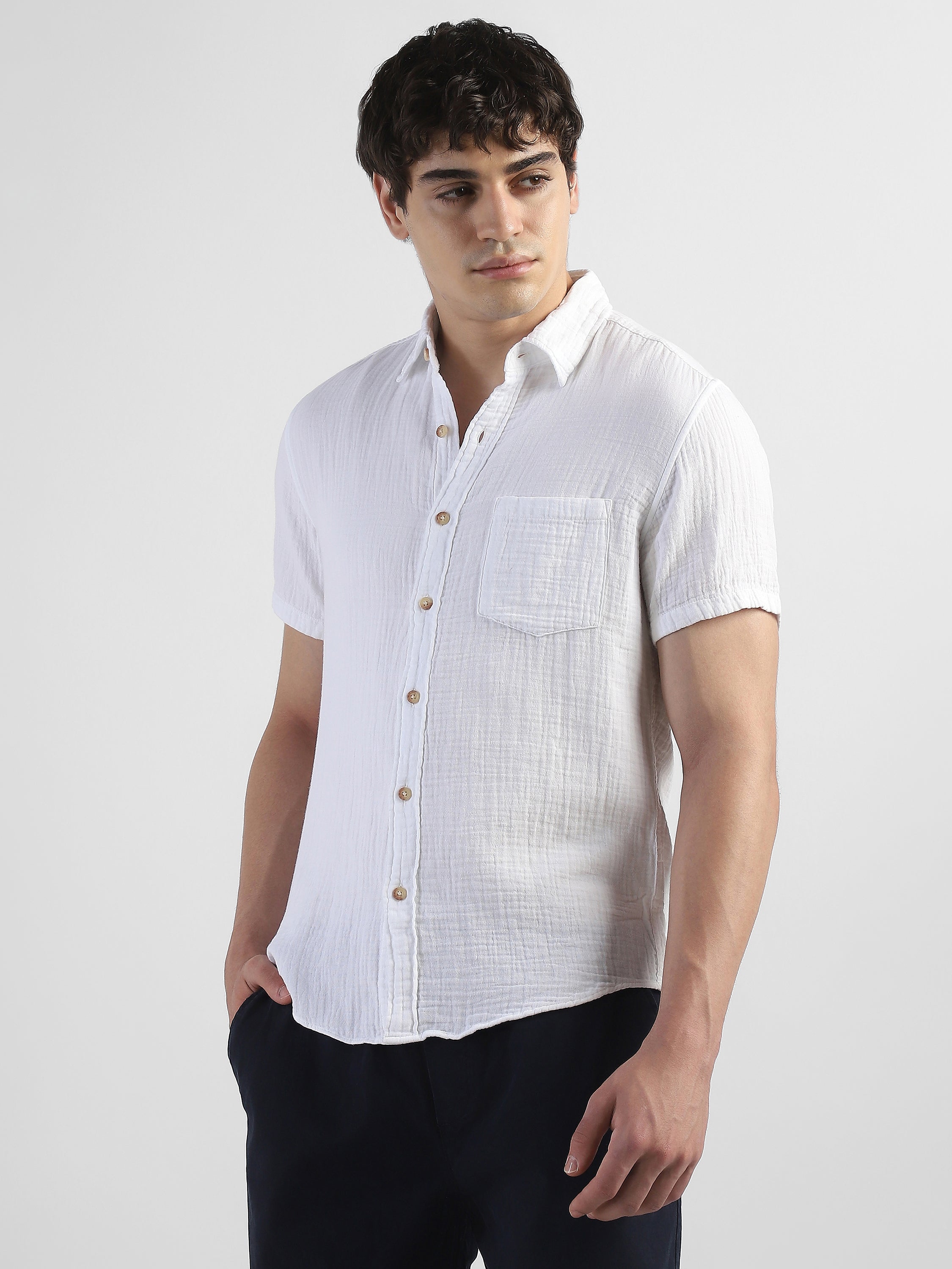 Men White Double Cloth Casual Shirt