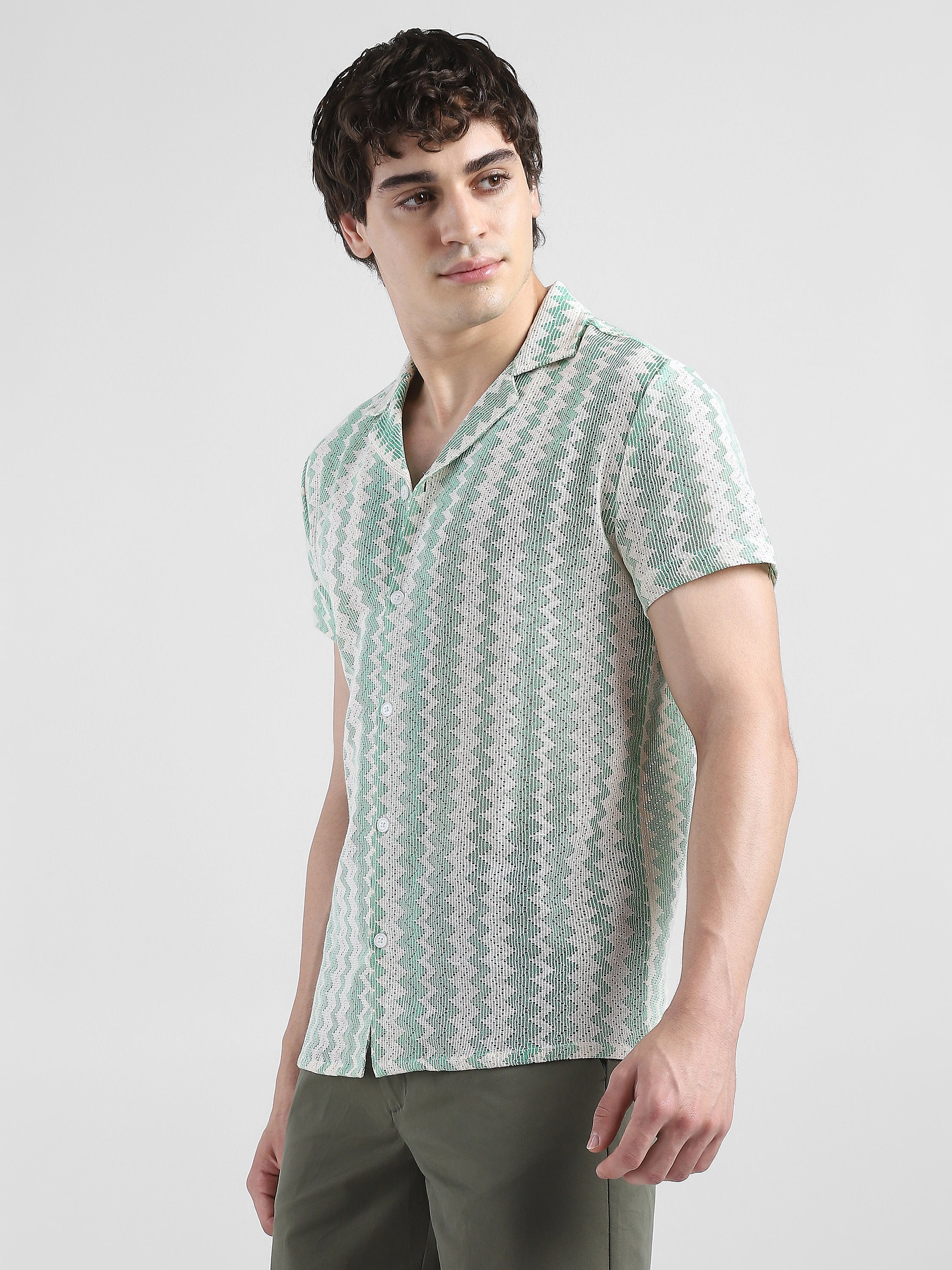 Men Lace See through Green Casual Shirt
