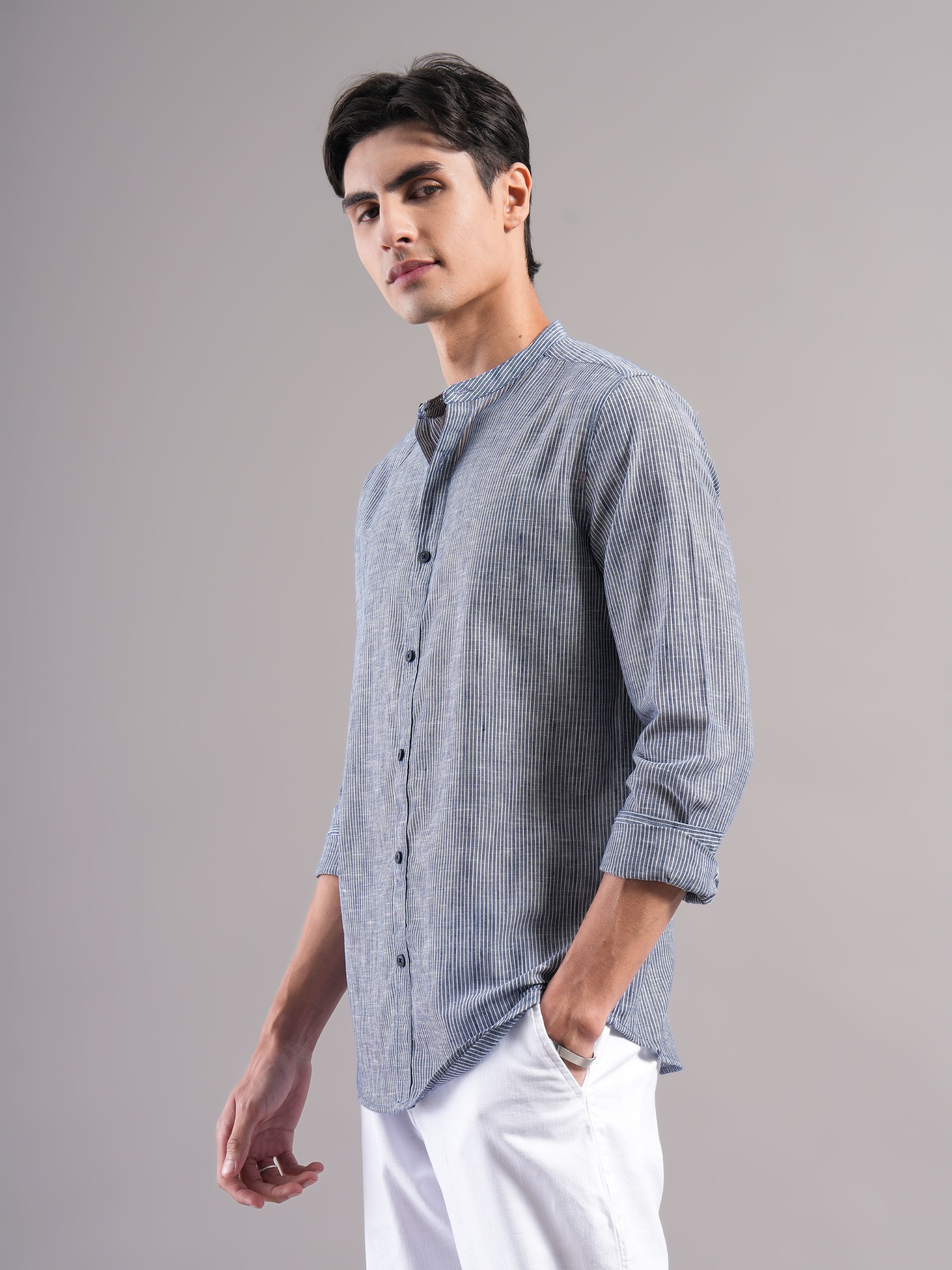 Men Navy Striped Casual Shirt