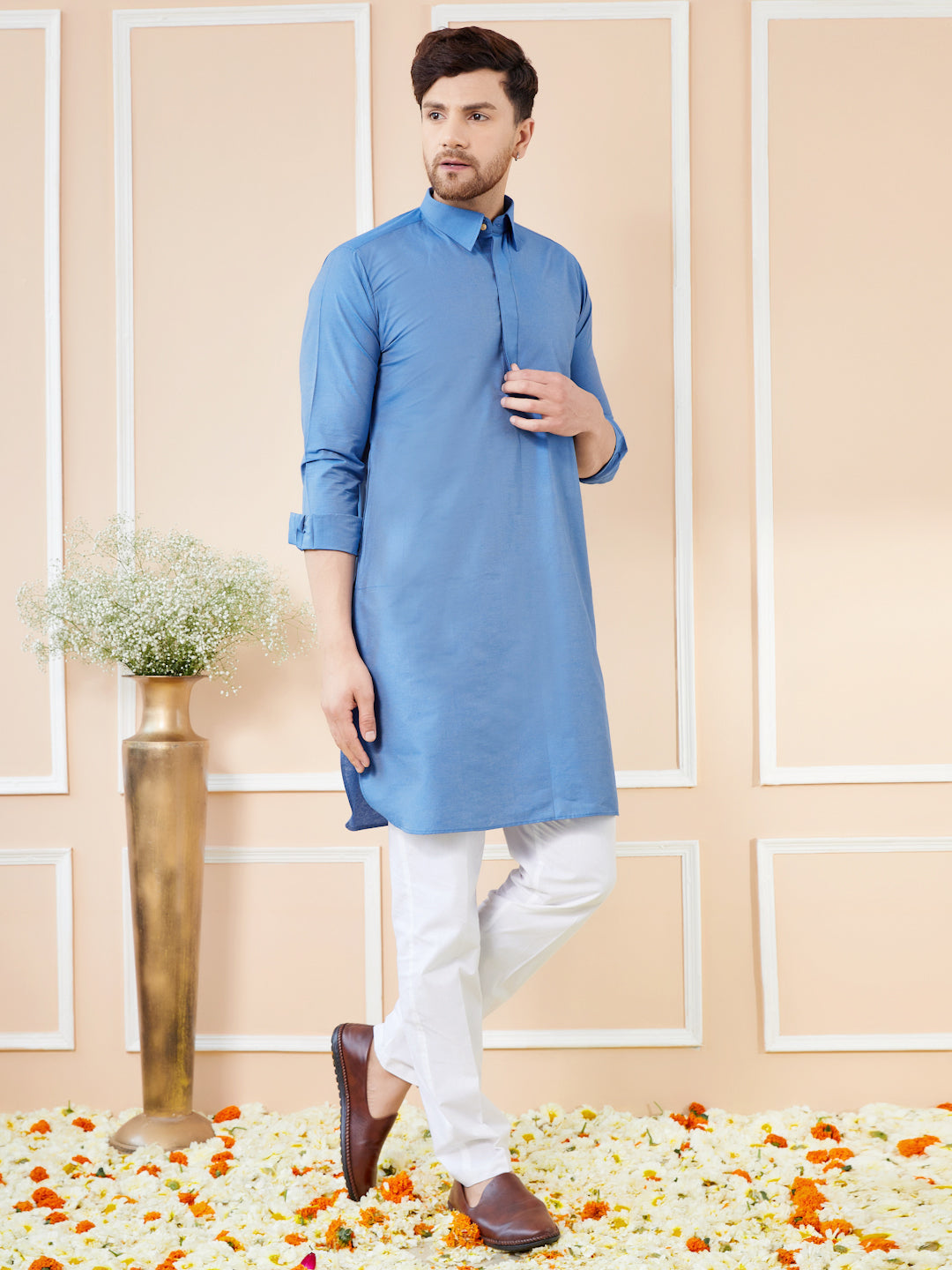 Men Blue Cotton Solid Pathani Kurta