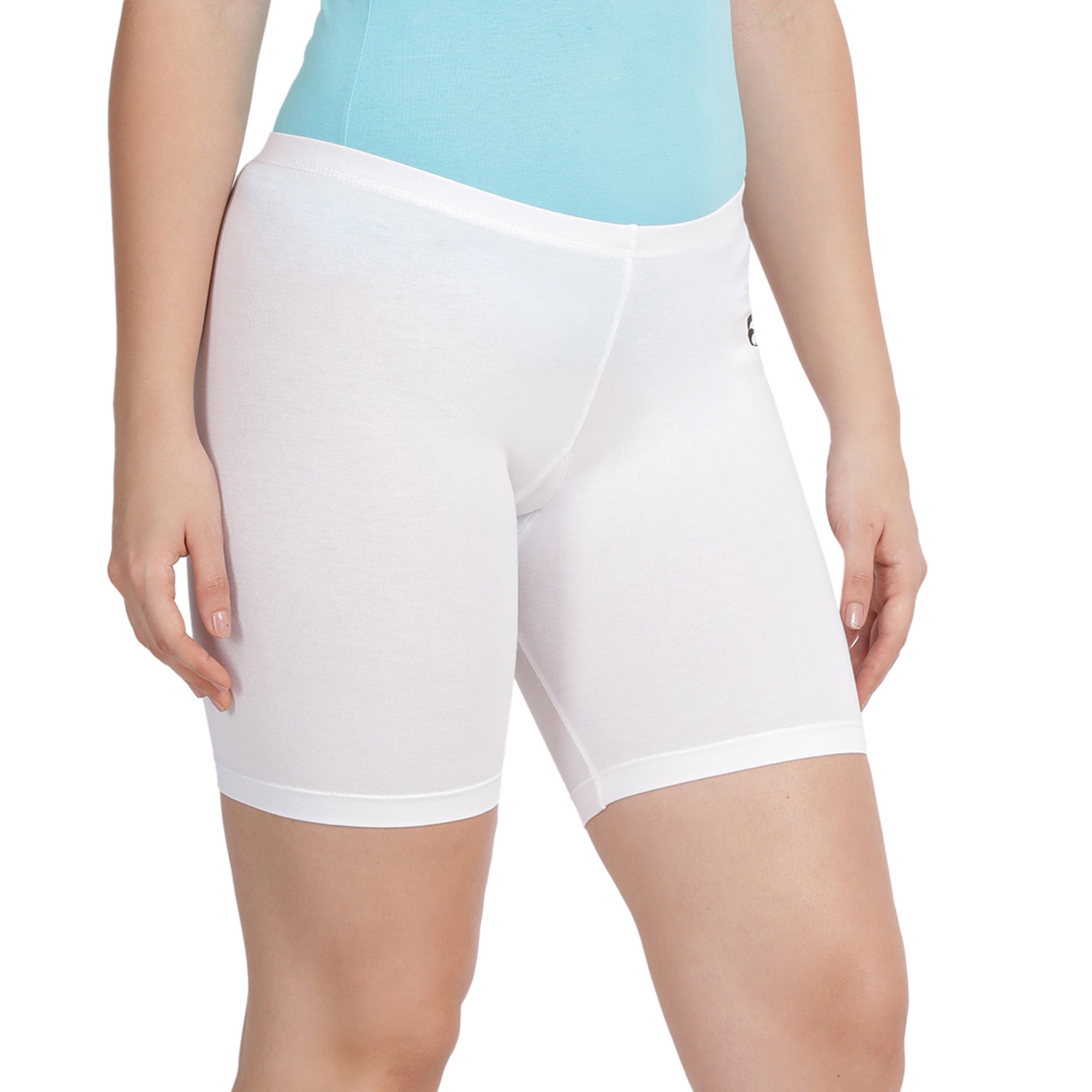 Women White Thigh Length Cycling Shorts