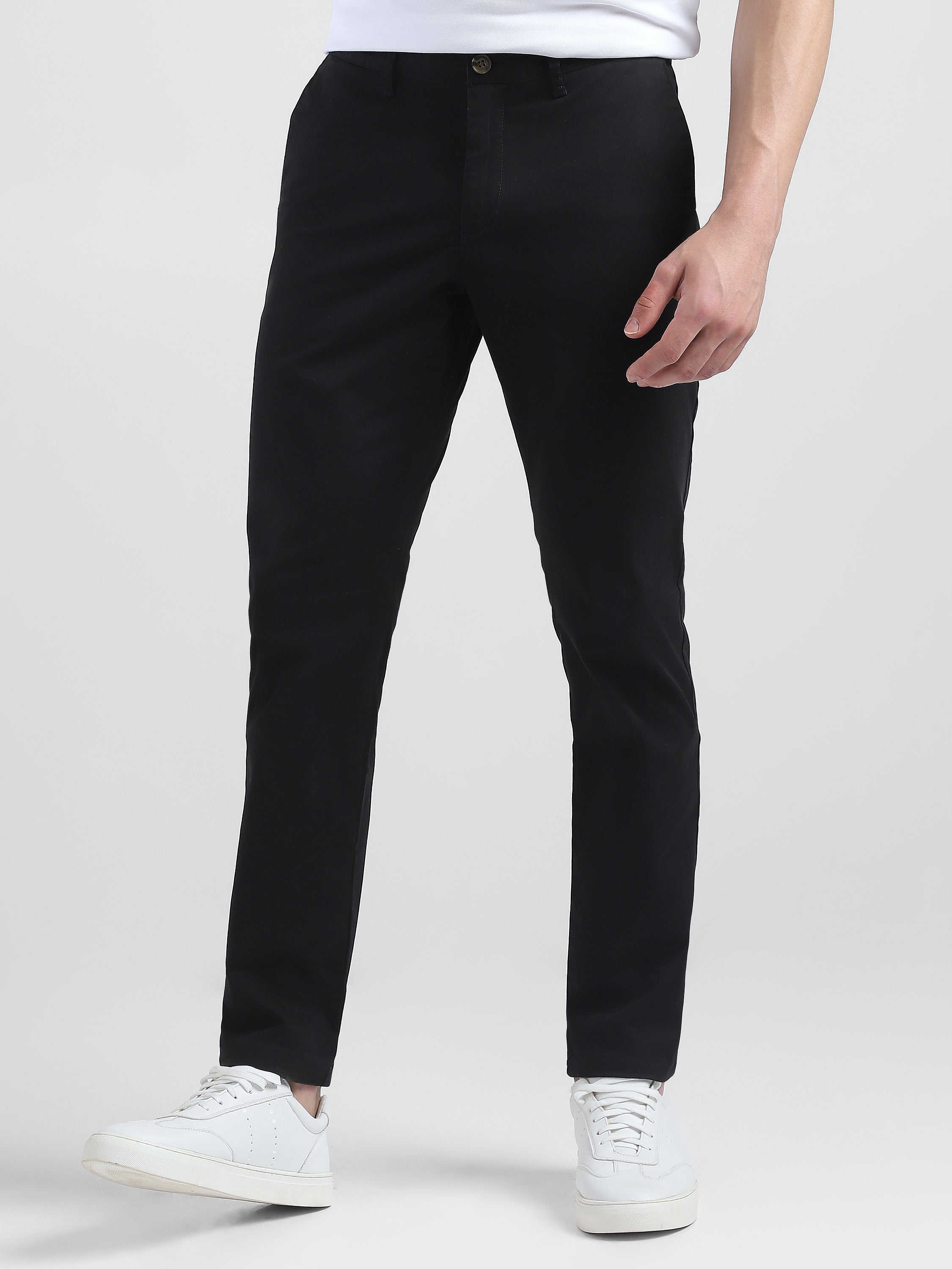 Men Black Mid Rise Regular Fit Trouser