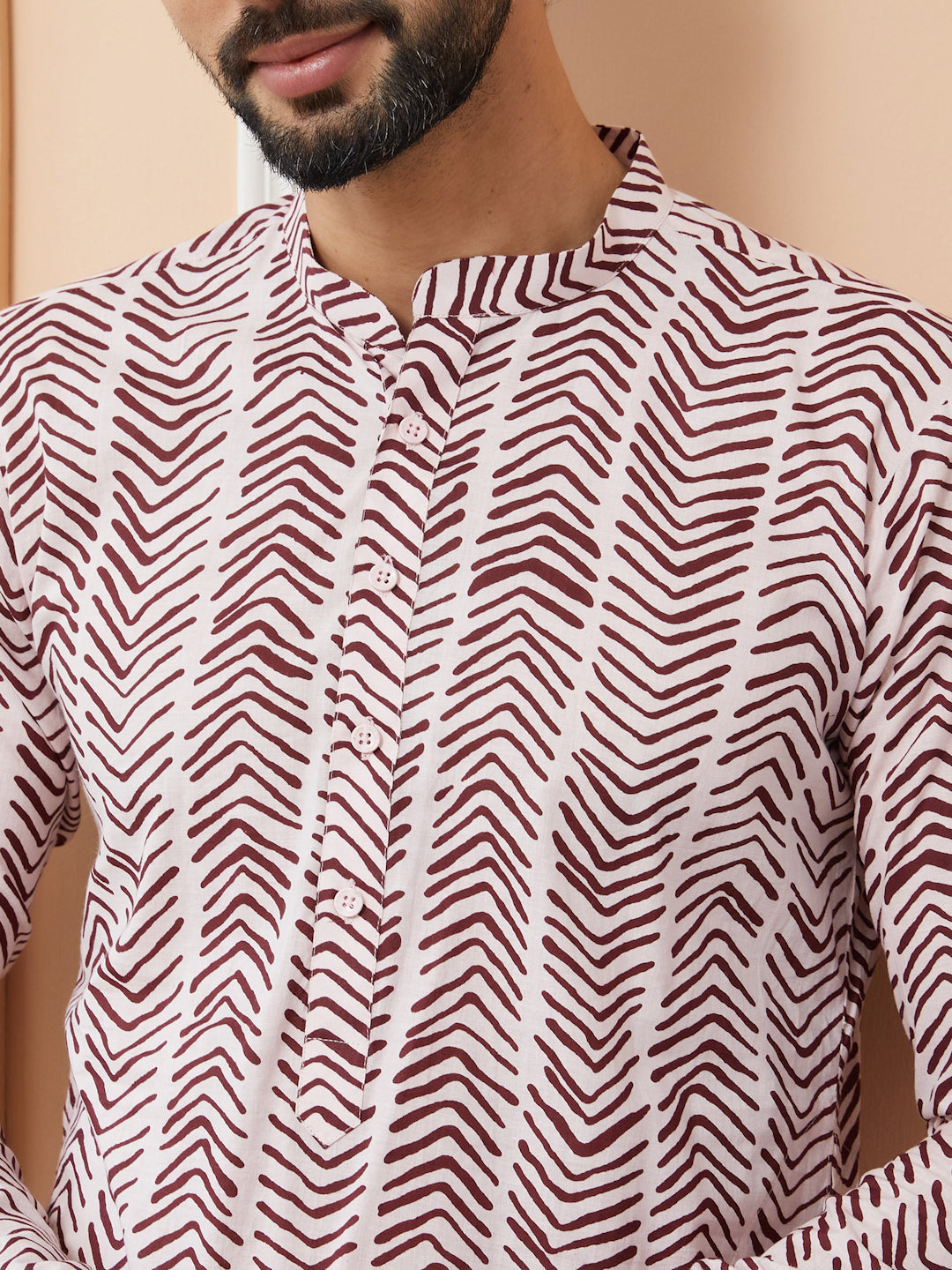 Men Baby Pink-Brown Printed Pure Cotton Straight Kurta