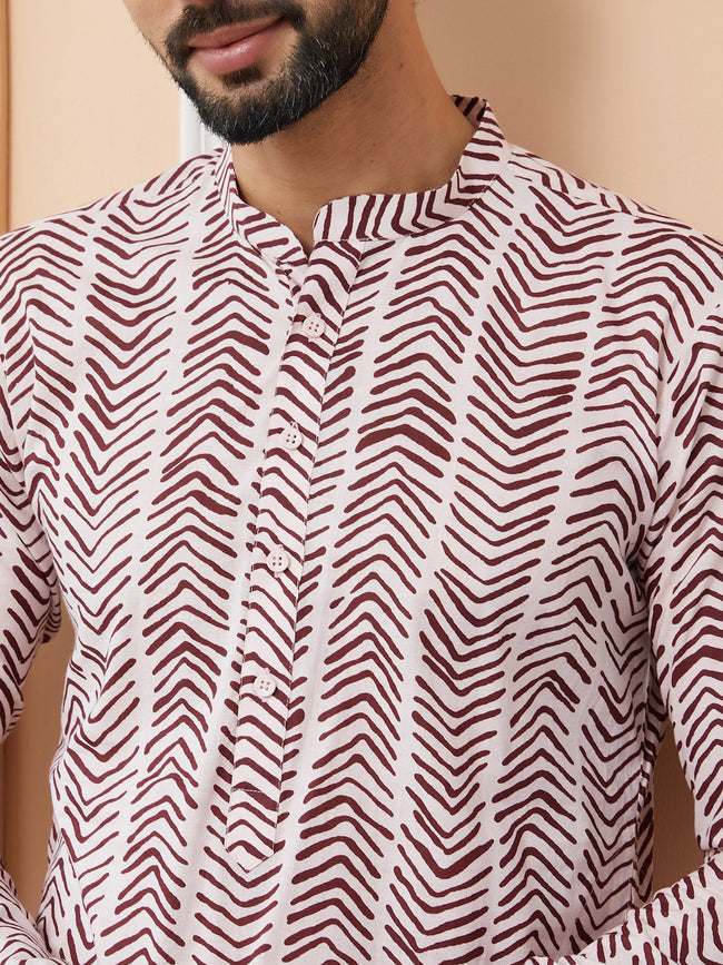 Men Baby Pink-Brown Printed Pure Cotton Straight Kurta