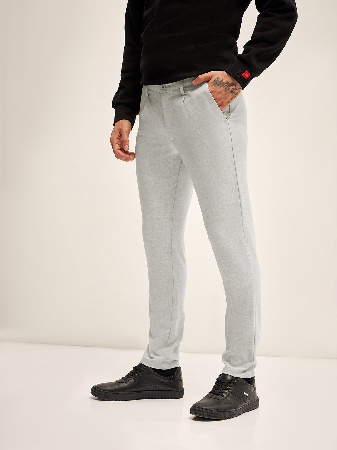 Men Grey Solid 4 Way Stretch Formal Trouser