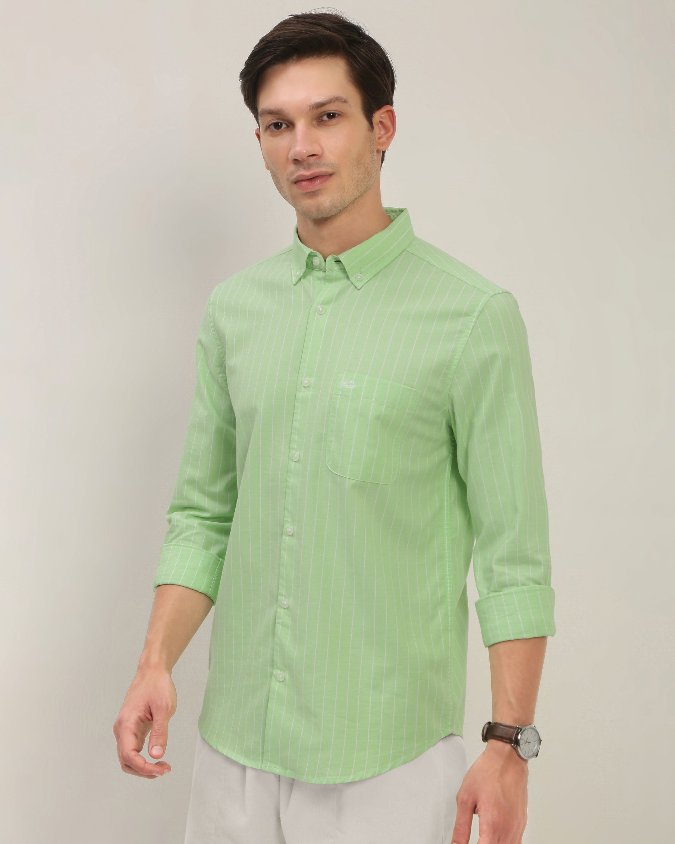 Men Green Striped Shirt