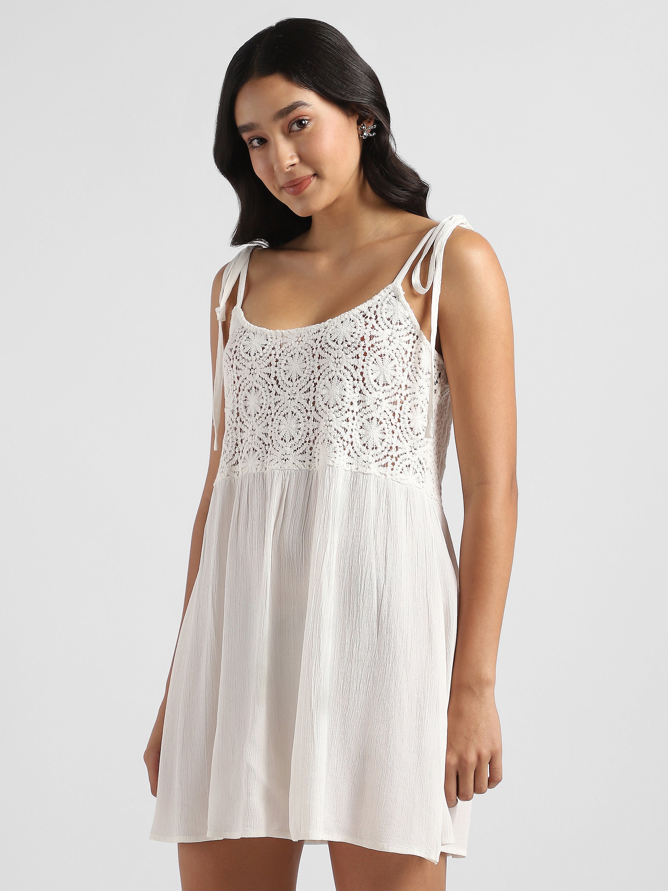 Women White Crochet Yoke Dress