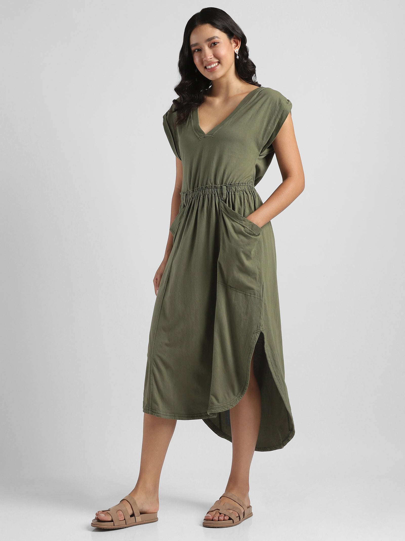 Women Olive Maxi Dress with Side Slit