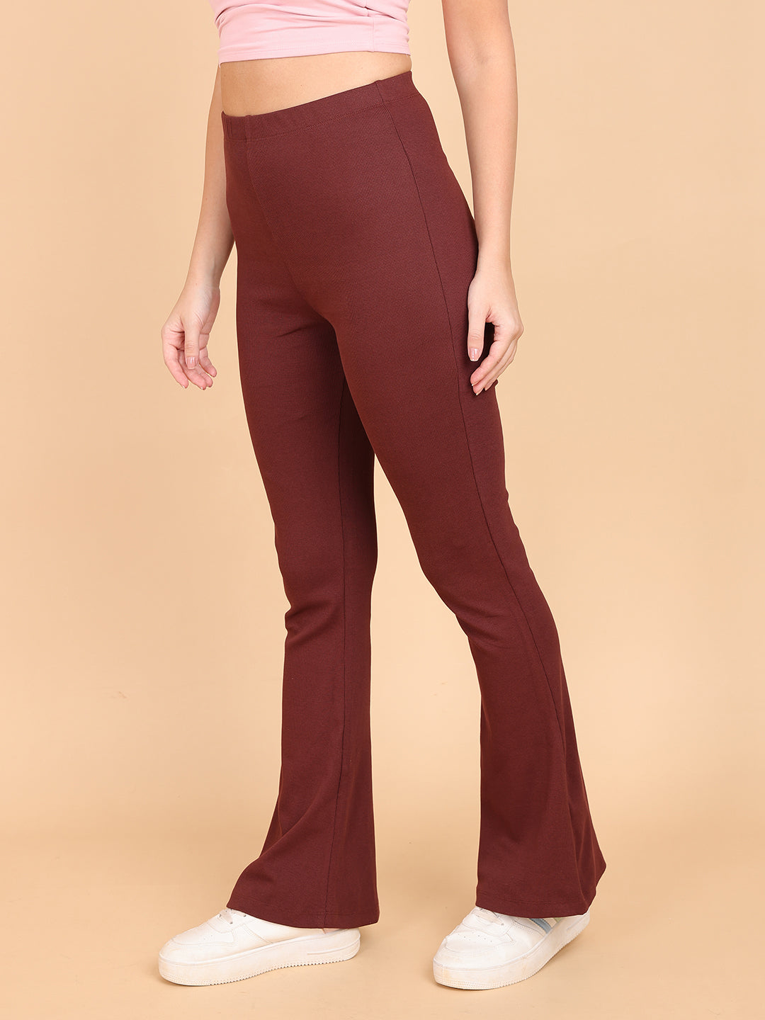 Women Brown Fit And Flare Rib Pant