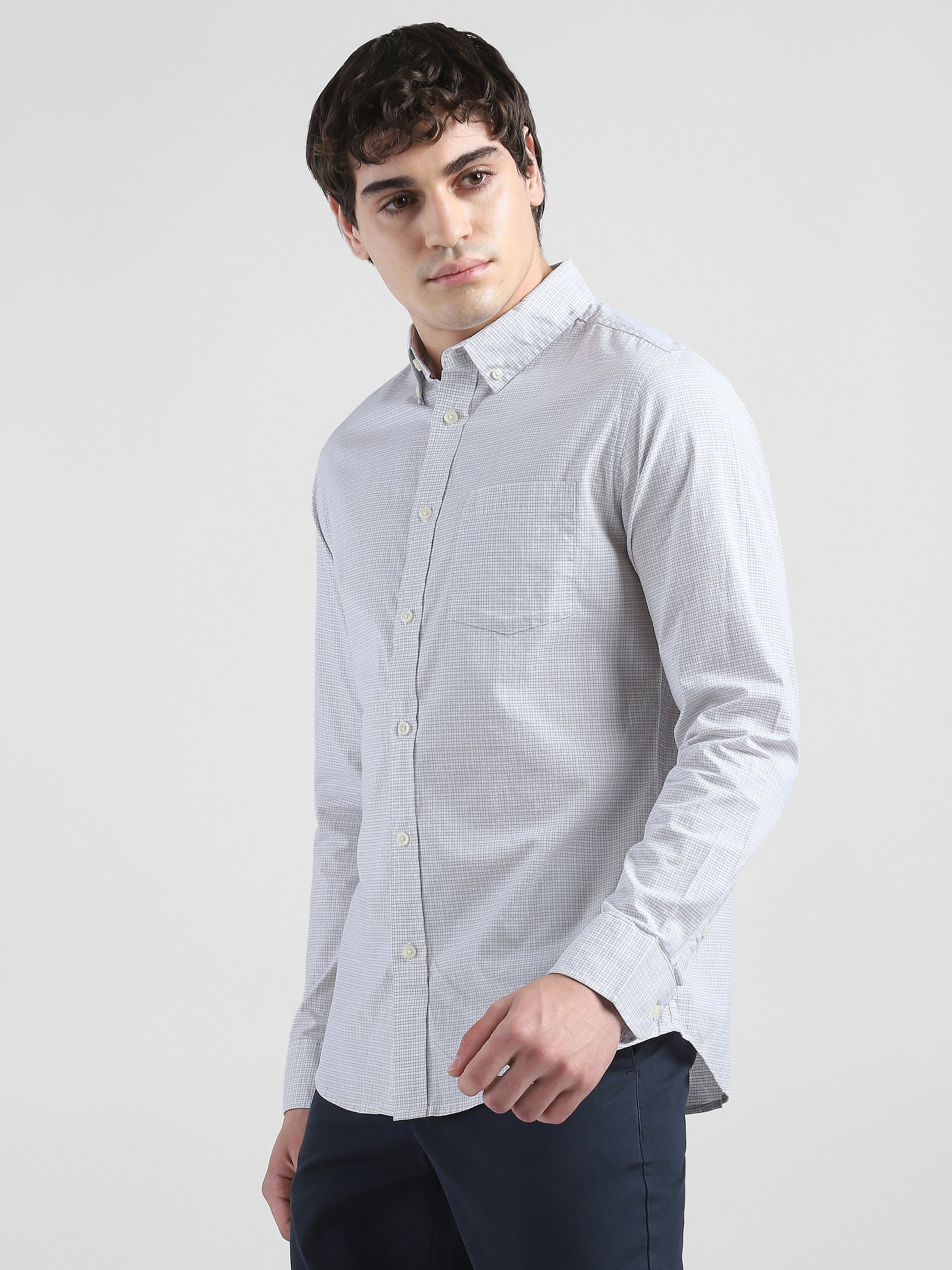 Men Light Grey Checked Regular Fit Shirt