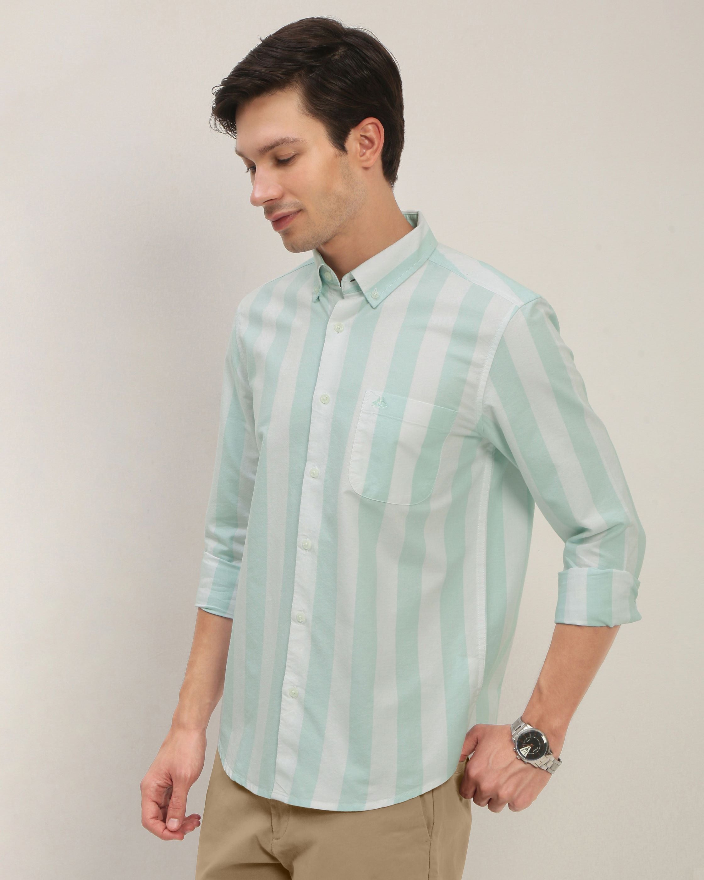Men Green Striped Shirt