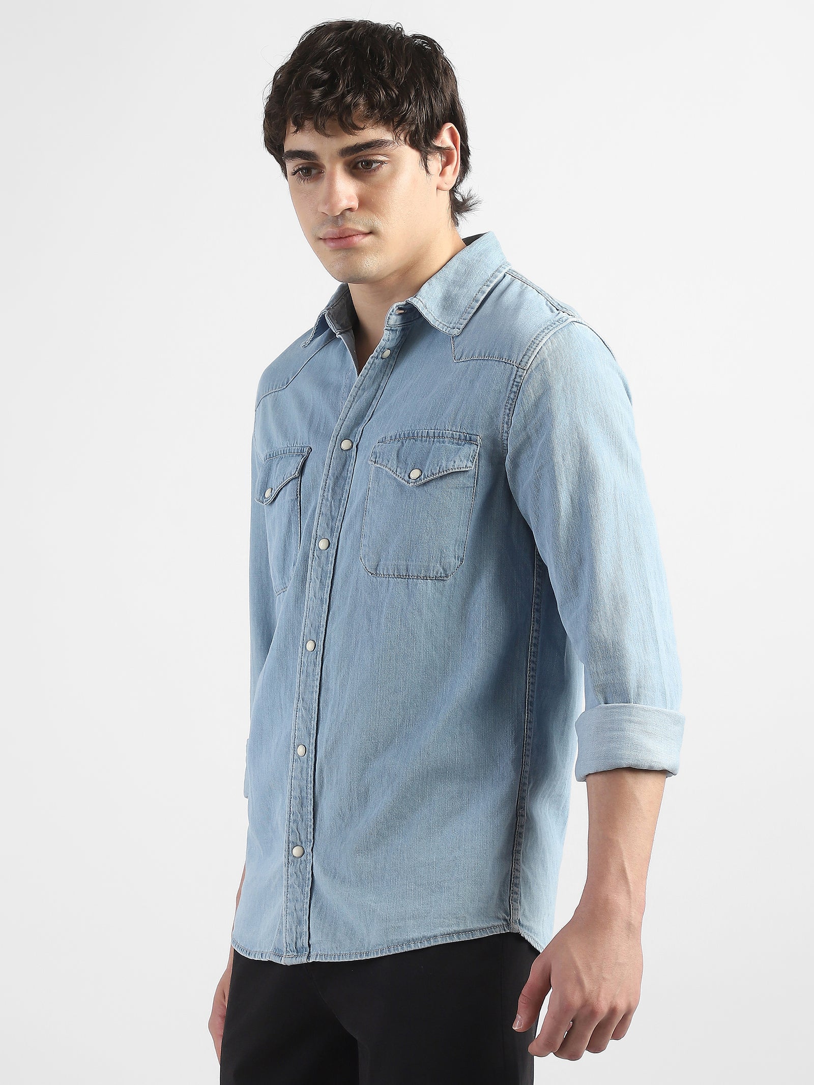 Men Denim Blue Regular Fit Shirt with Two Pockets