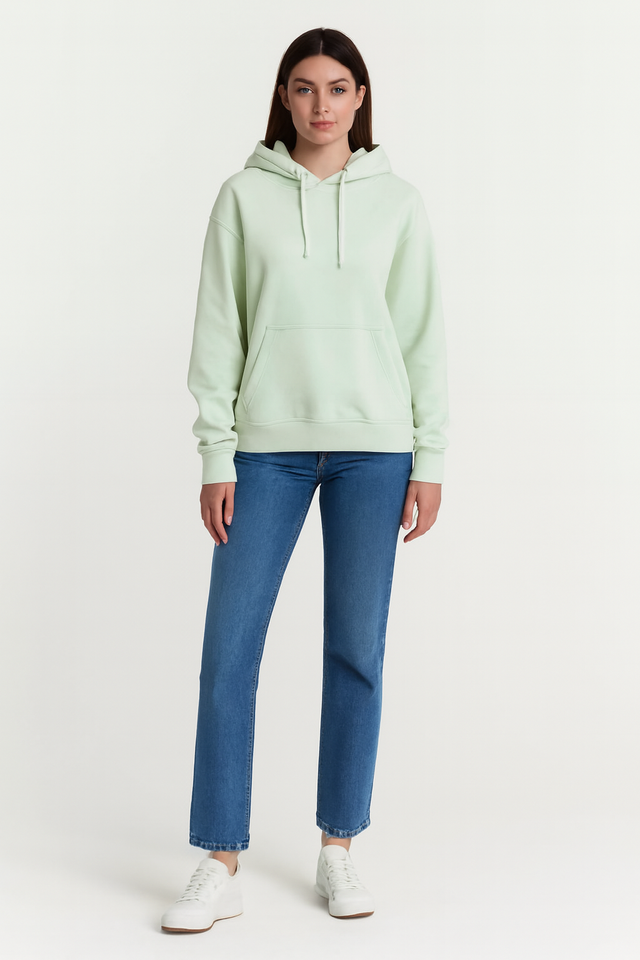 Women Green Solid Cotton Pullover Hoodie