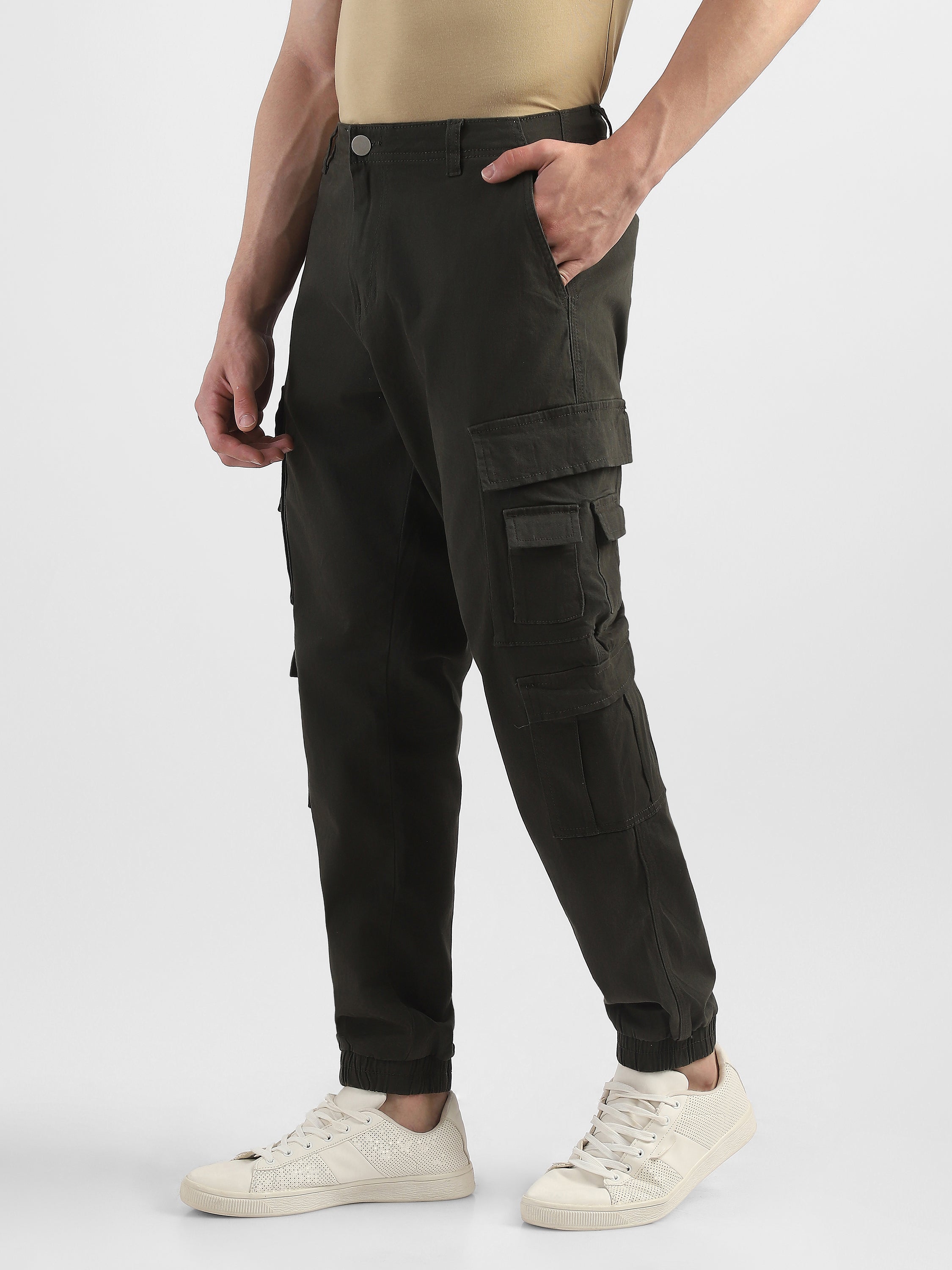 Men Olive Cotton Blend Cargo Pants with 12 pockets