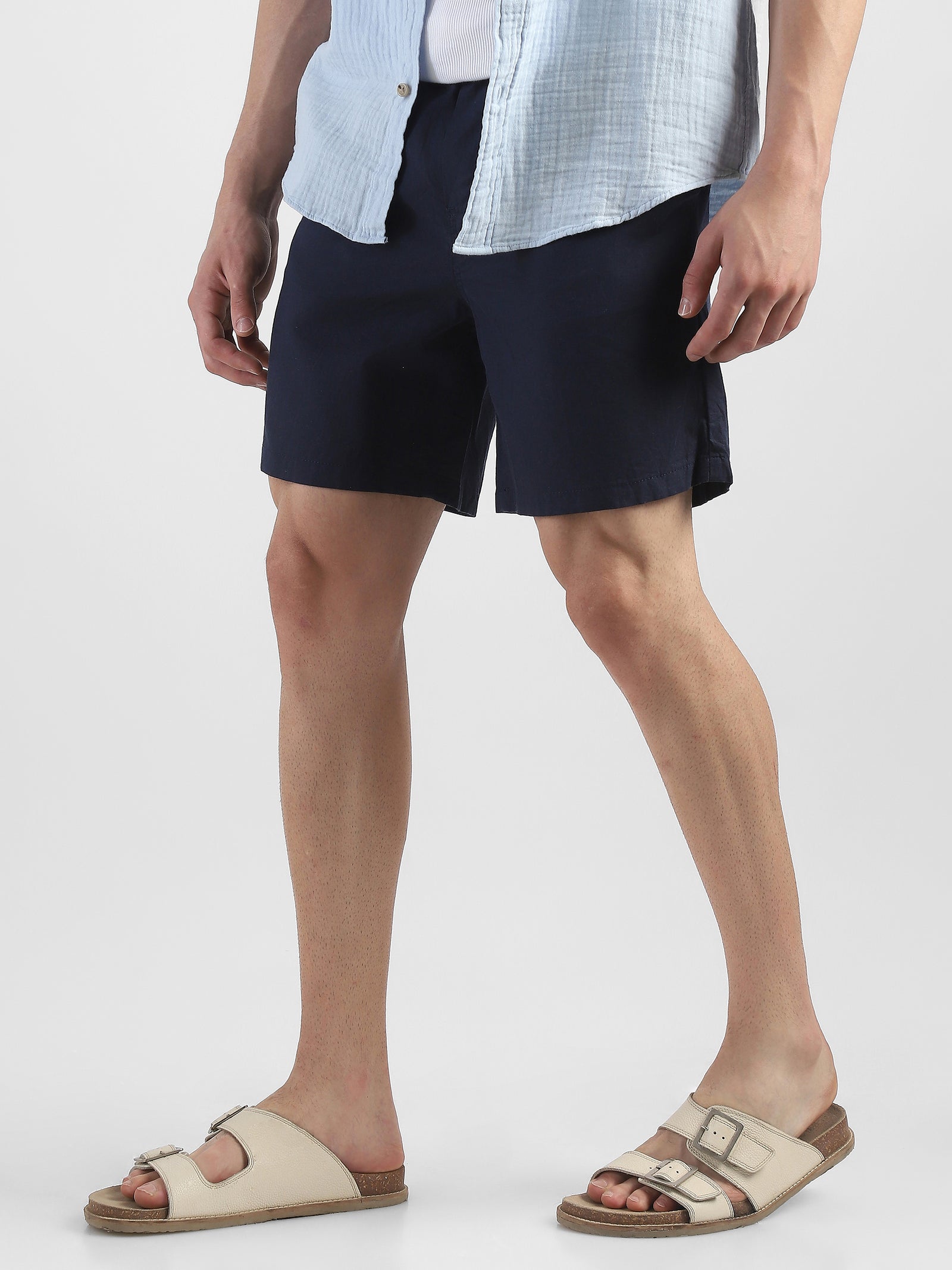 Men Navy Cotton Blend Shorts