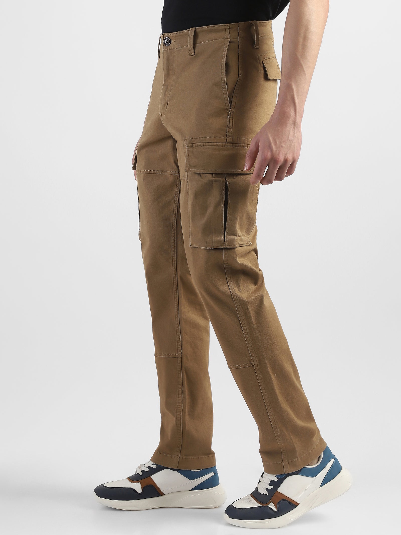 Men Khaki Cotton Mid Rise Cargo Pants
