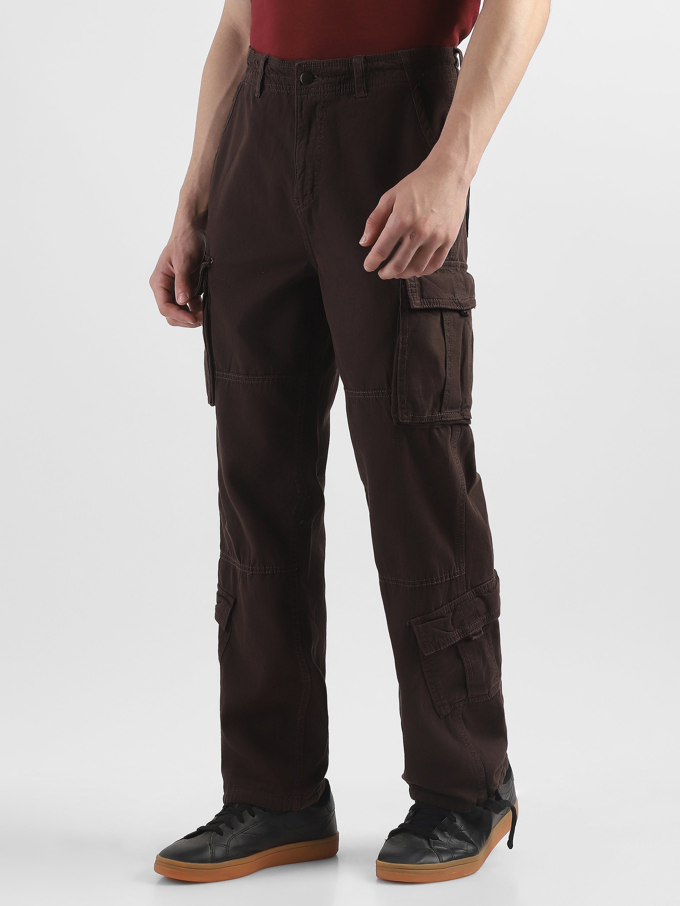 Men Brown Cotton Blend Cargo Pants with 8 Pockets