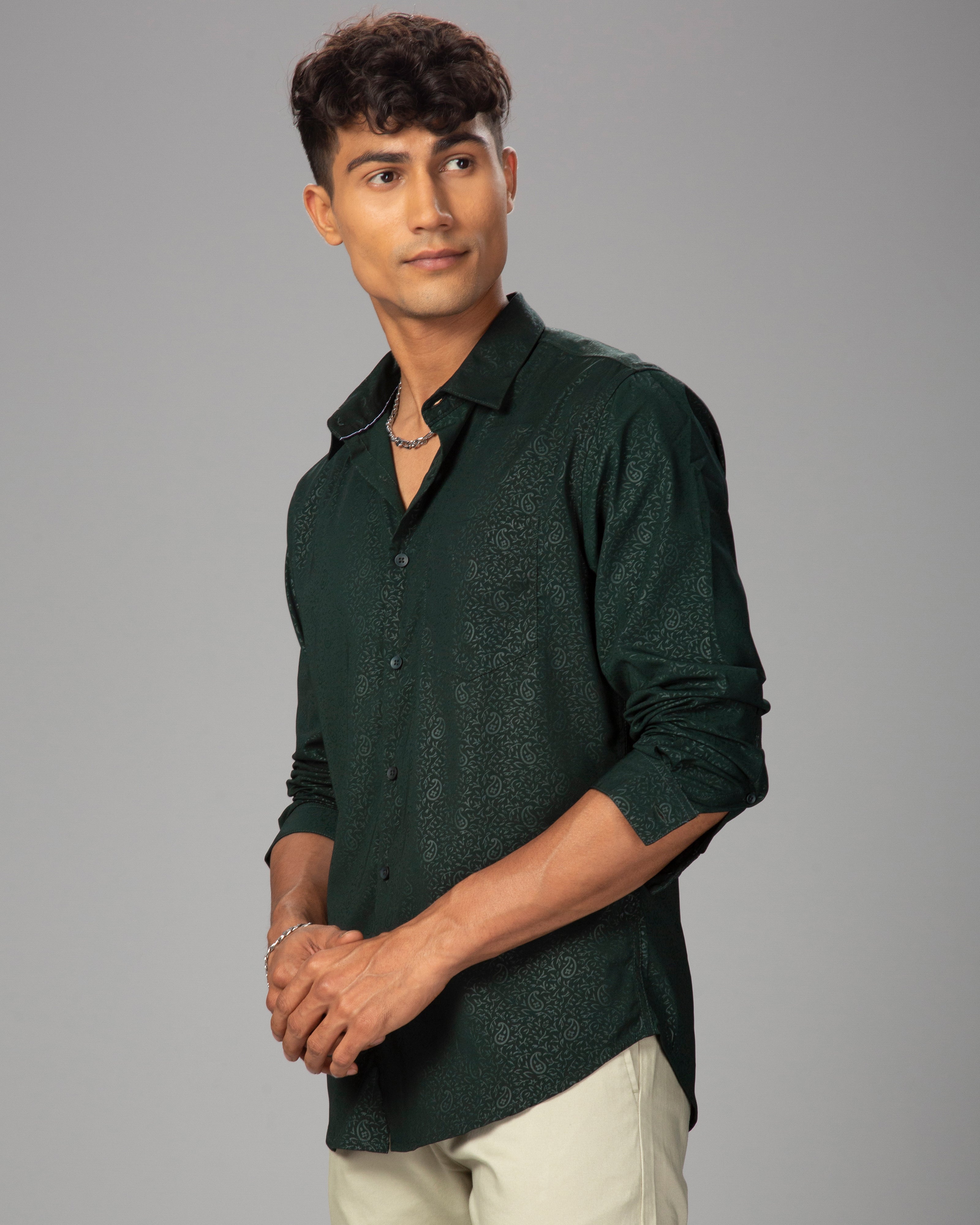 Men Olive Cotton Slim Shirt