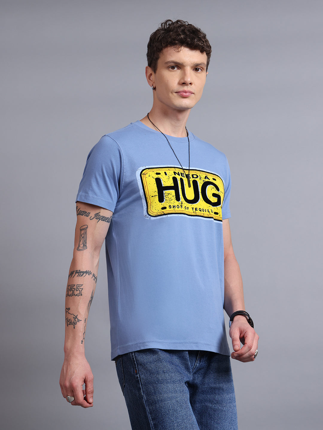 Men Blue Cotton Regular T-Shirt