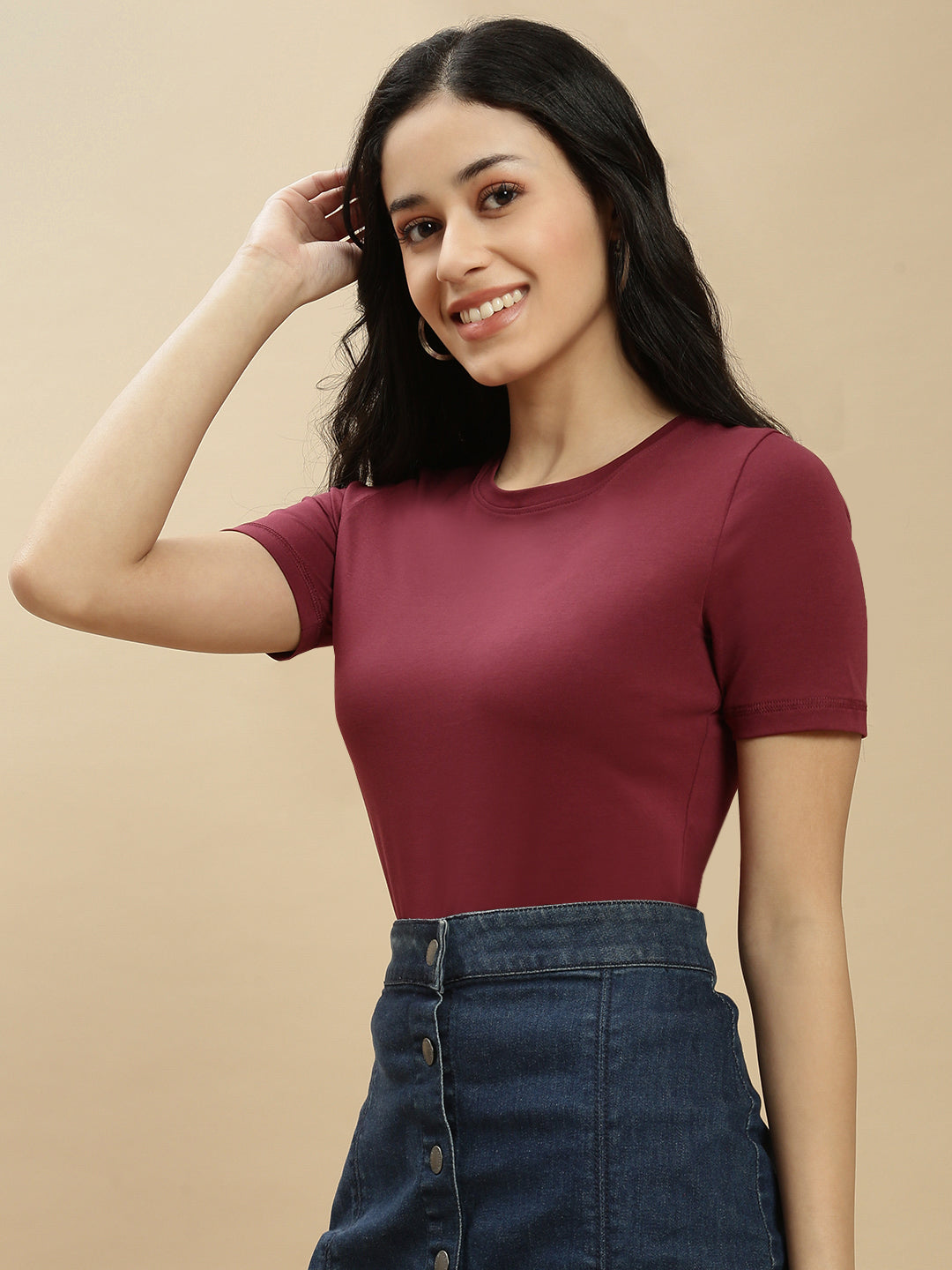 Women Burgundy Half Sleeve Top