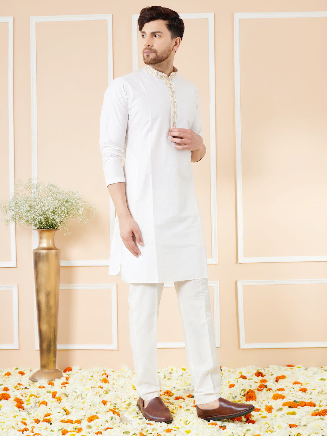 Men Cream Solid Cotton Straight Kurta With Emboridered Neckline