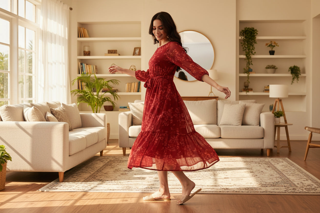 Women Bloom Maroon Chiffon Dress