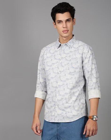 Men Blue Floral Print Shirt