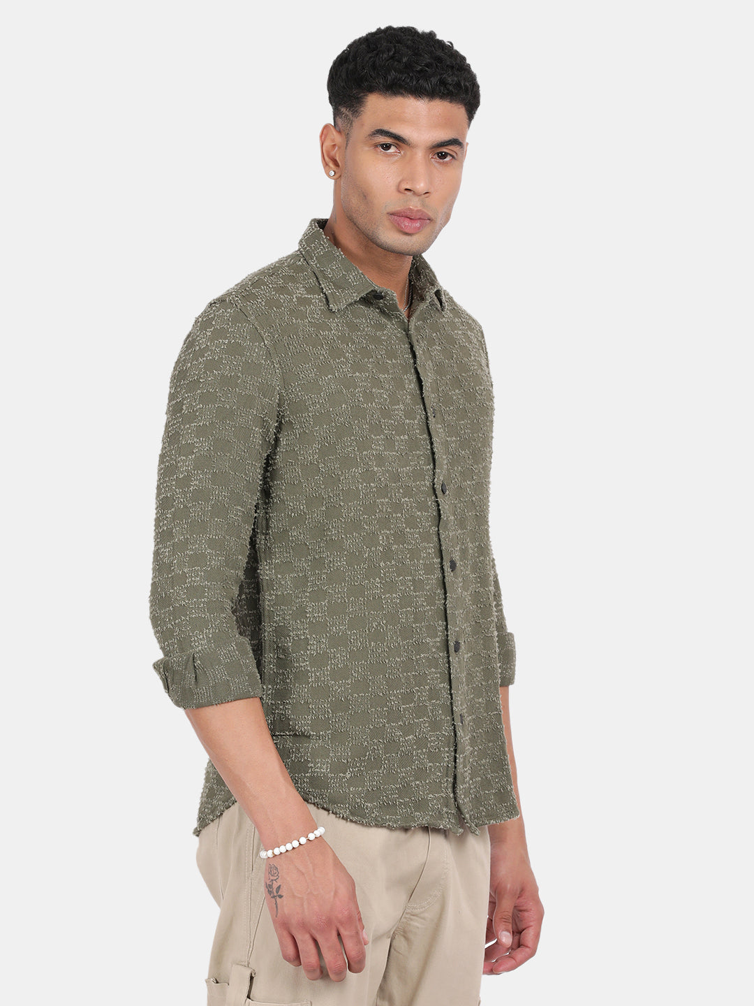 Men Green Slim Fit Spread Collar Full Sleeve Casual Shirt
