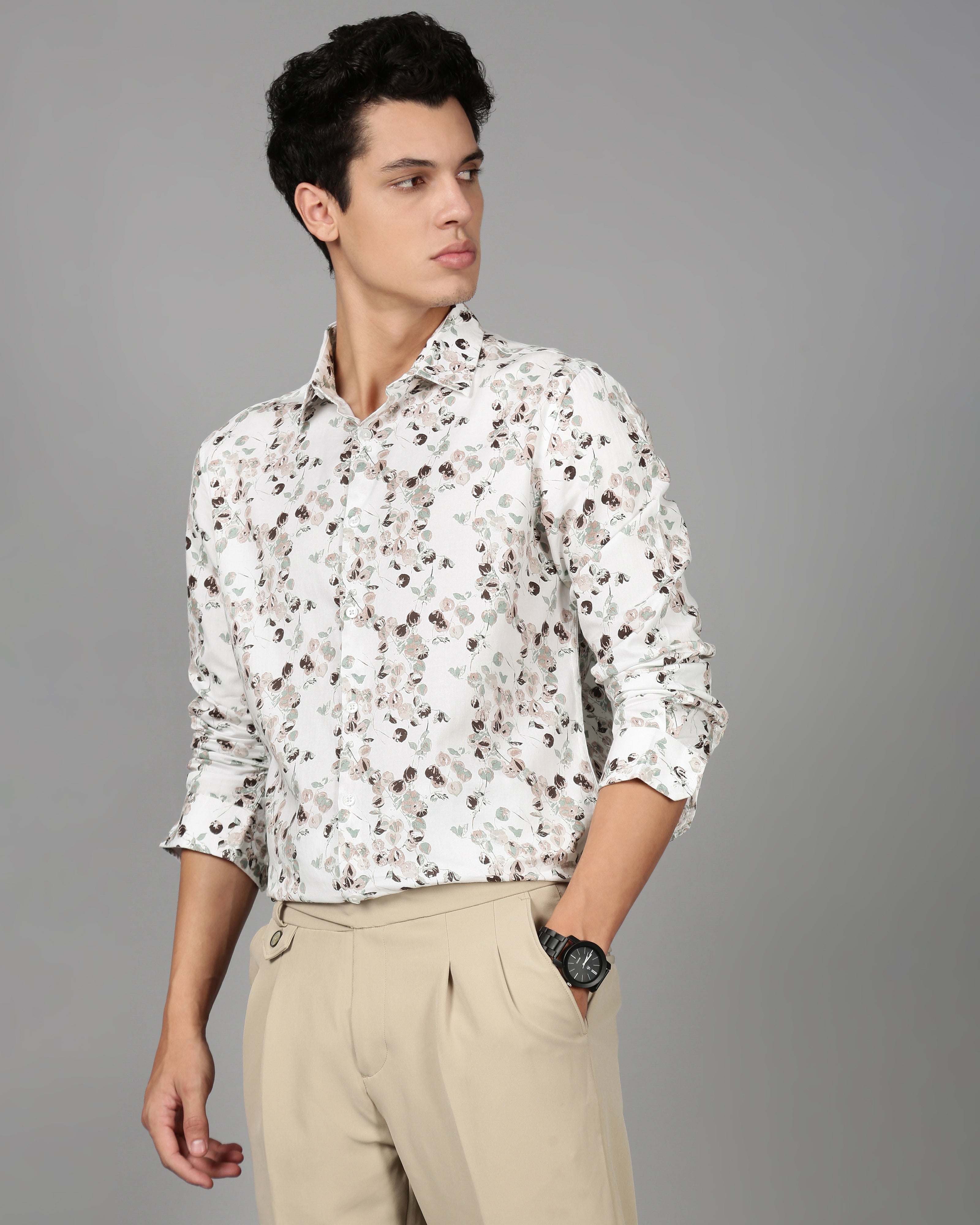 Men White Floral Print Shirt