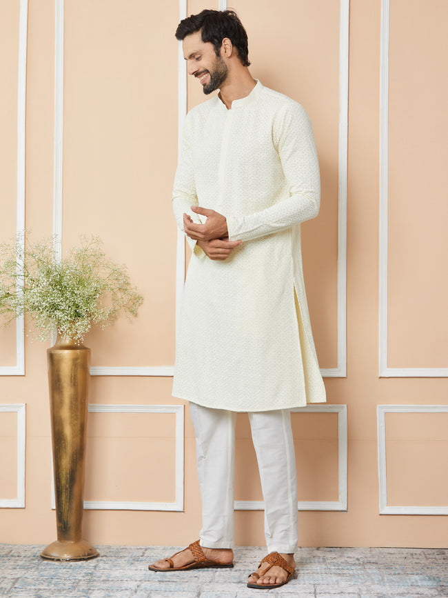 Men Cream Embroidered Chikankari Rayon Straight Kurta