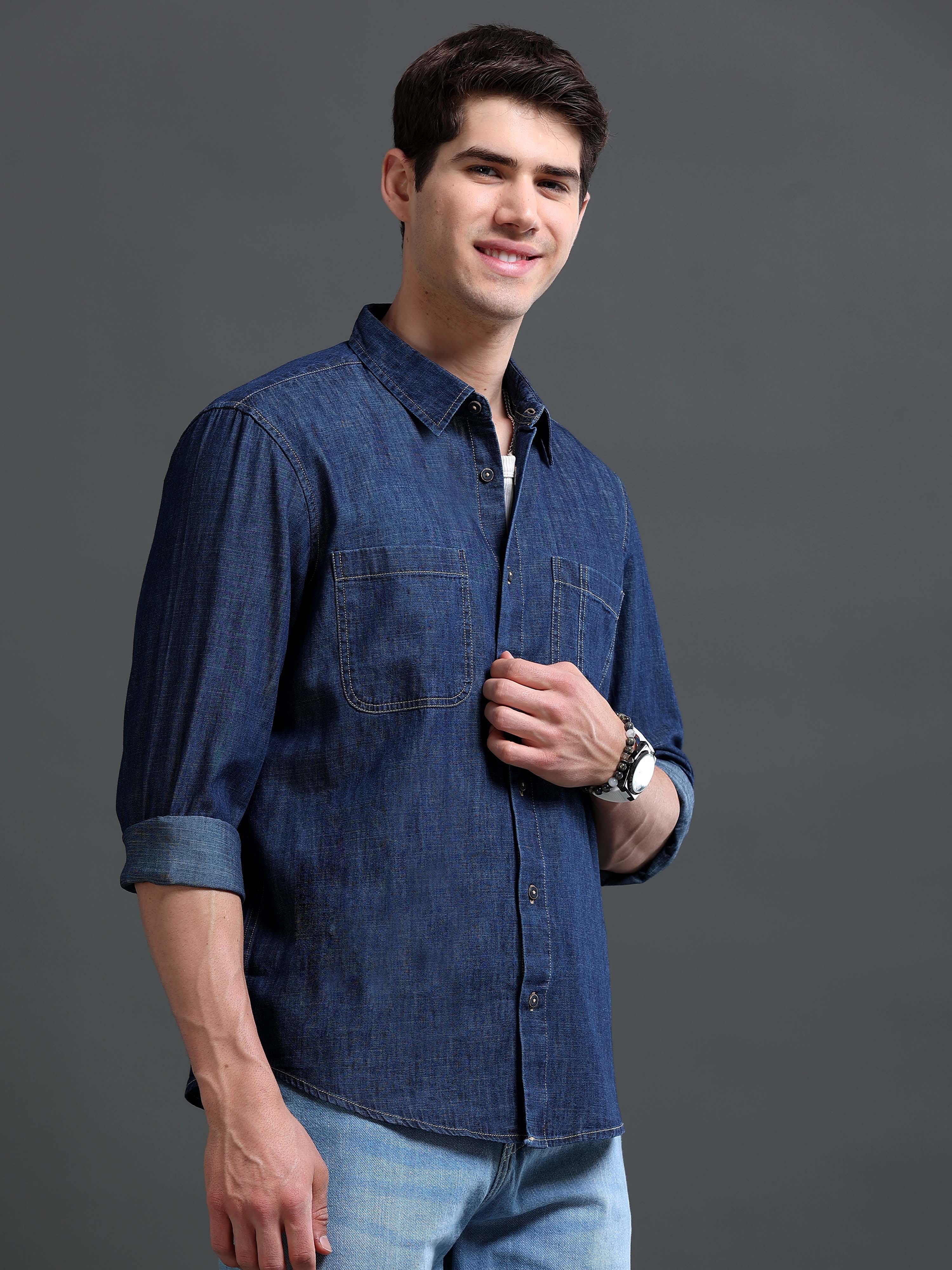 Men Navy Denim Shirt