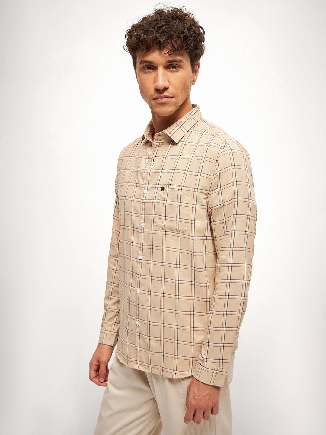 Men Beige Checked Slim Fit Casual Shirt