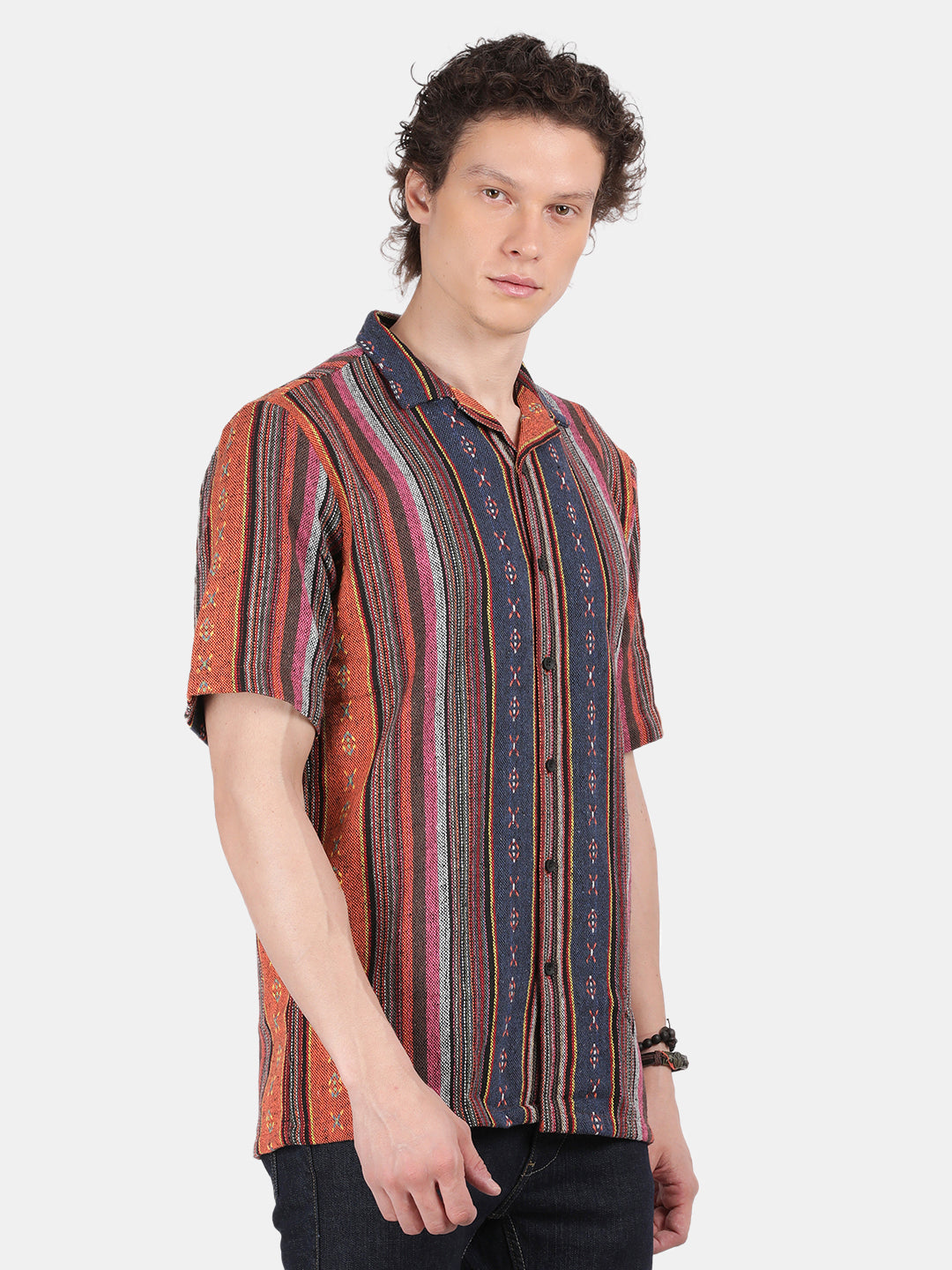 Men Orange Slim Fit Spread Collar Half Sleeve Casual Shirt